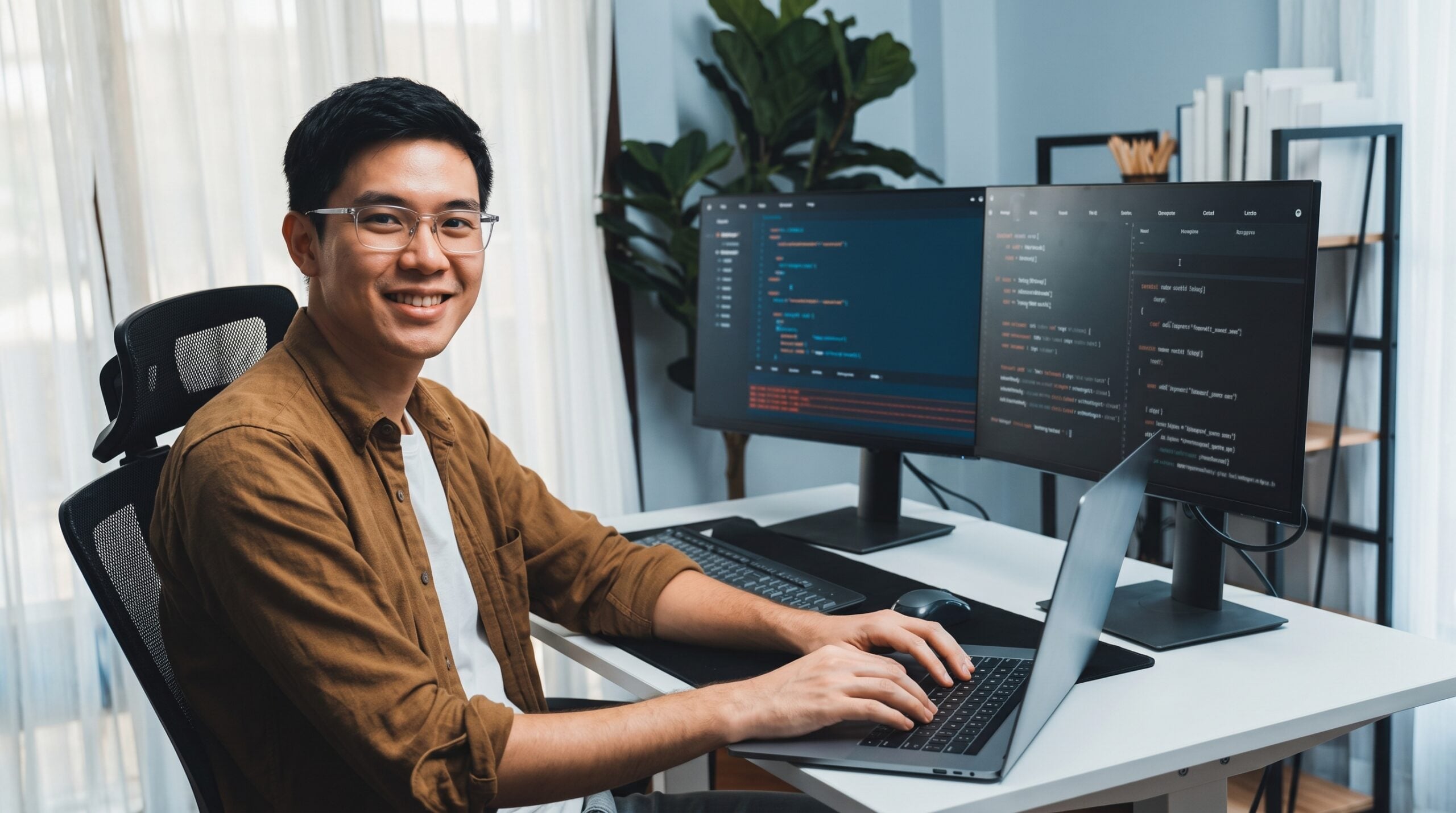 forward deployed engineer remote working on a laptop with dual monitors showing code