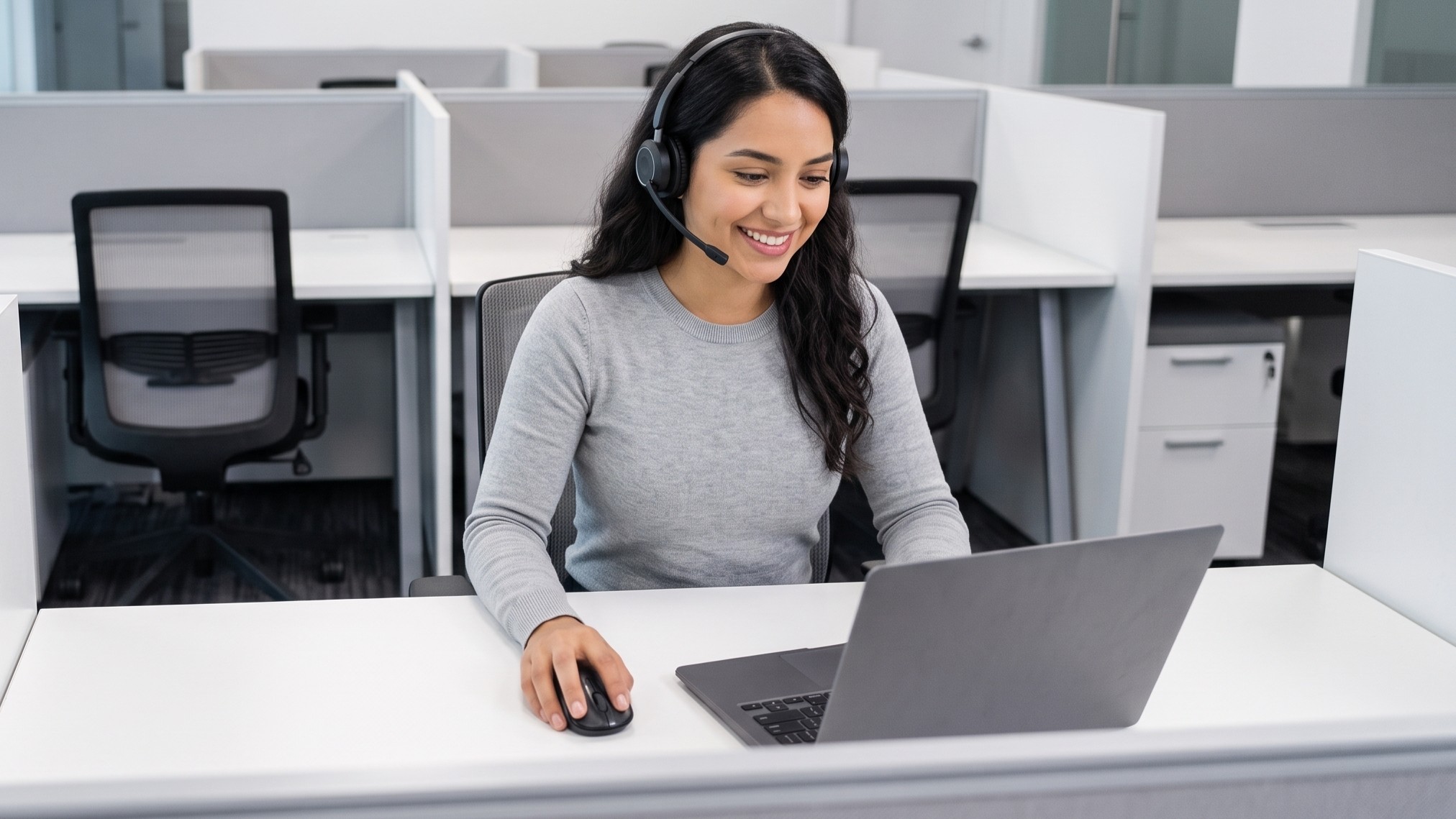 outsourced order fulfillment specialist, wearing a headset, smiles while working on a computer