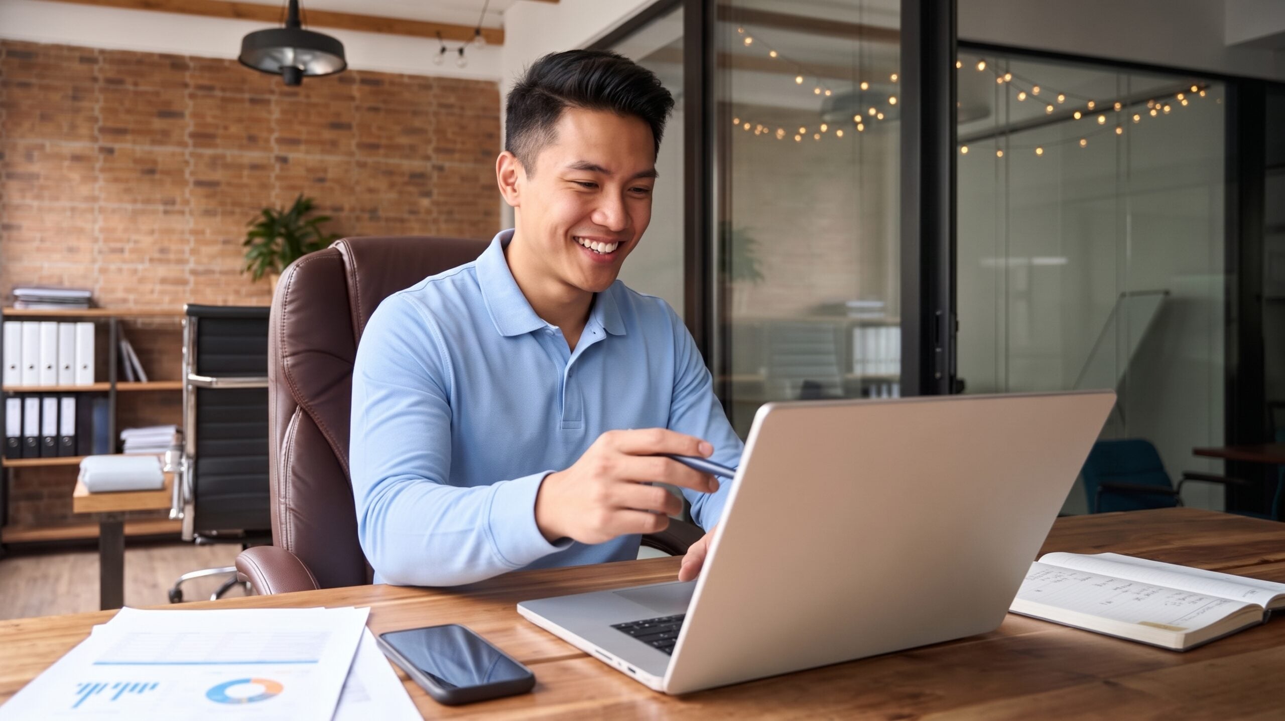 vietnamese outsource martech specialist at a desk using a laptop, smiling while pointing at the screen in a brick-walled office