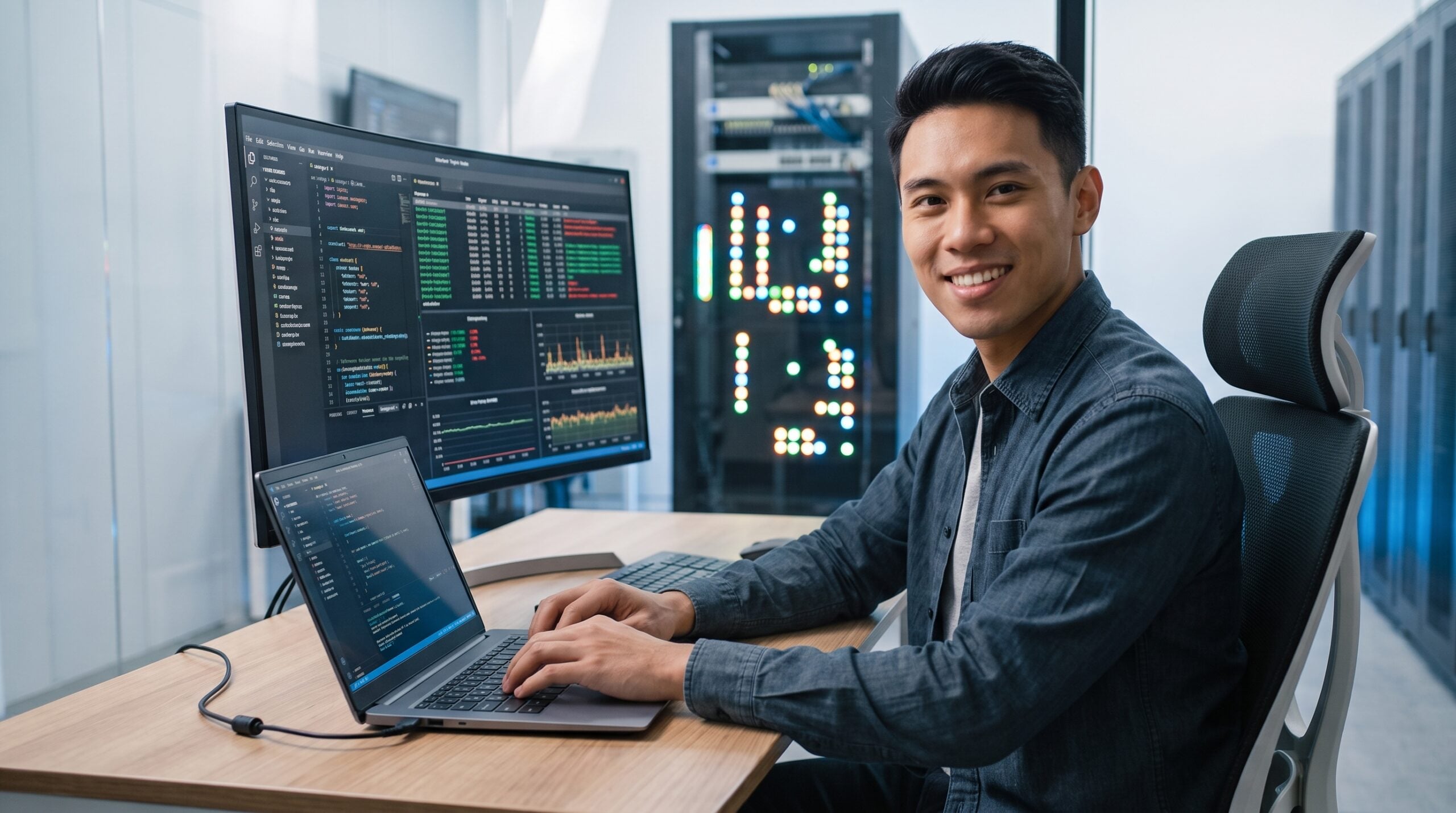 smiling virtual network administrator manages server racks from a desktop computer