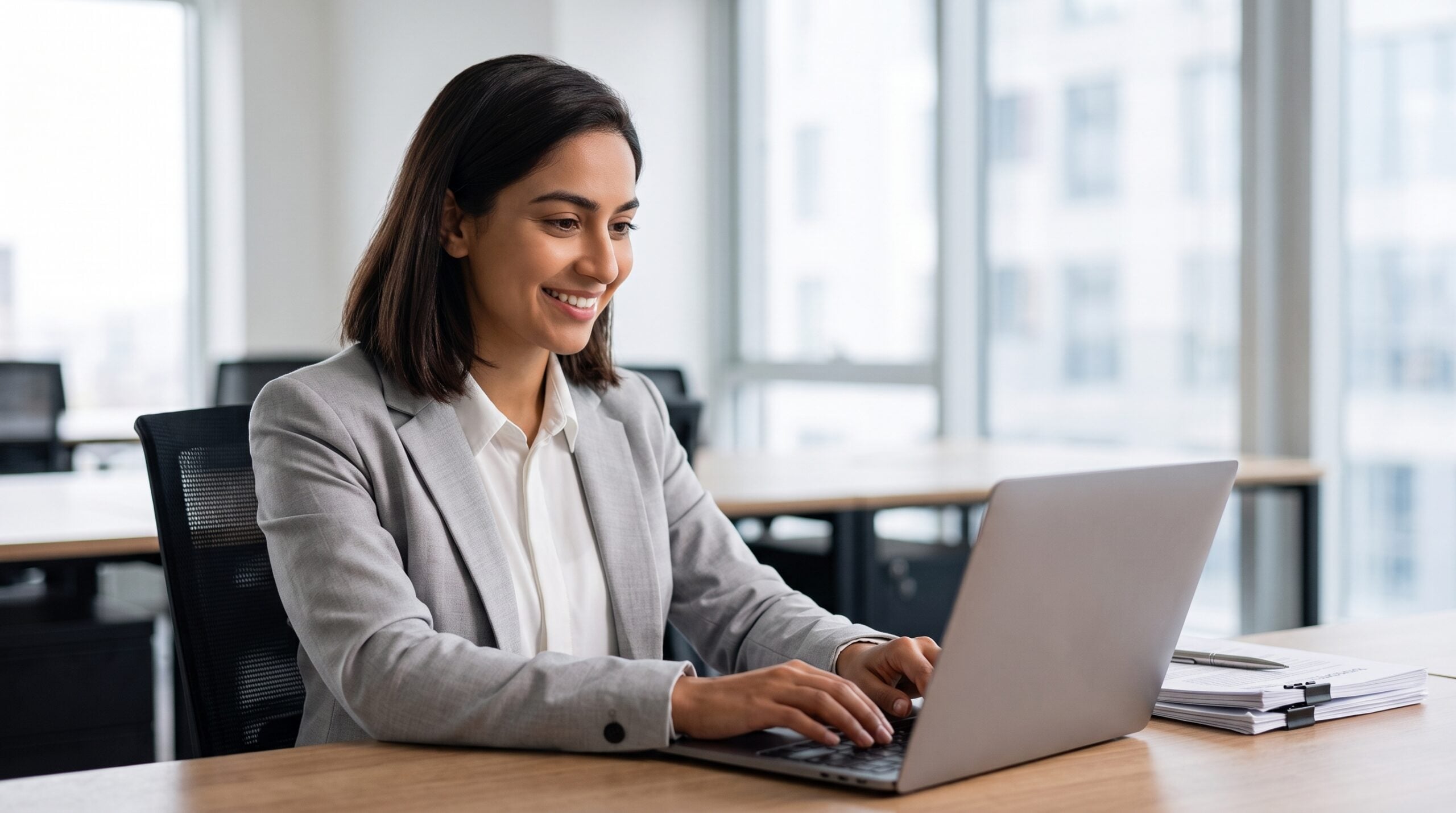 offshore document controller in a grey suit working on a laptop at a wooden desk with papers