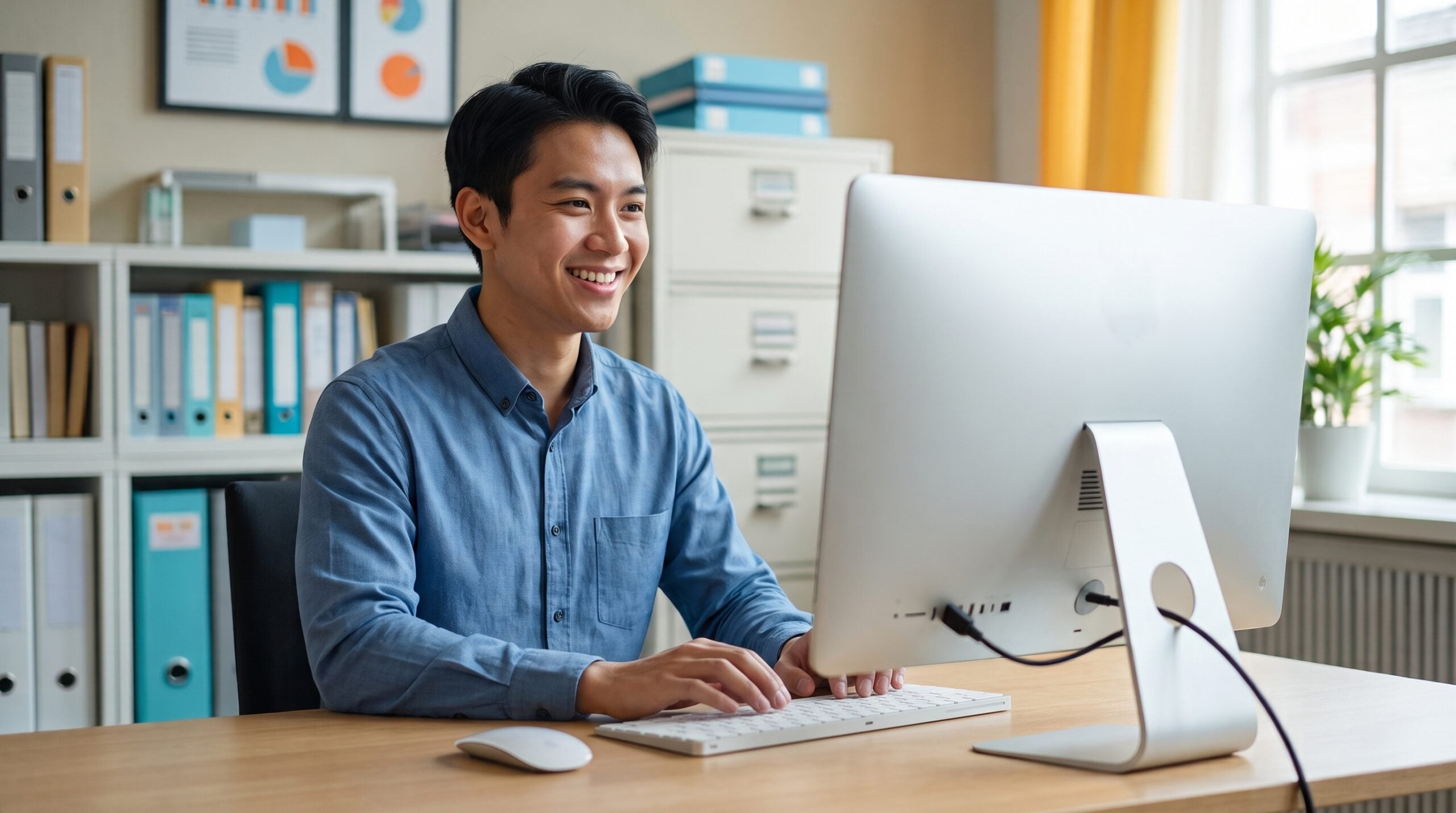remote document controller in a blue shirt typing on a desktop computer at a wooden desk in a home office