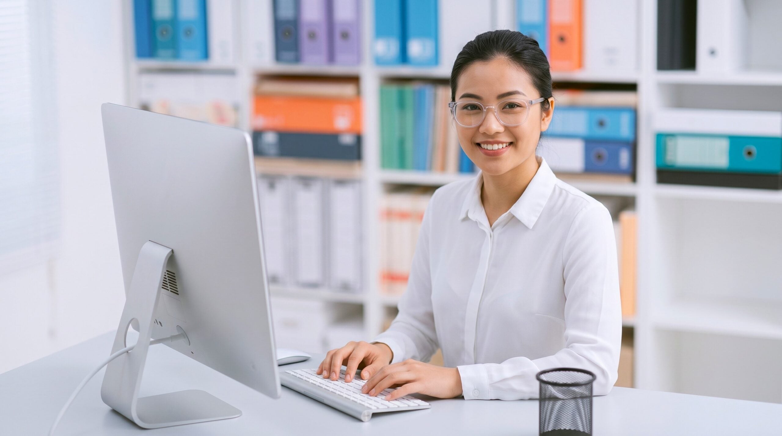 Vietnamese document control specialist staffing wearing a white shirt and glasses working on a desktop computer