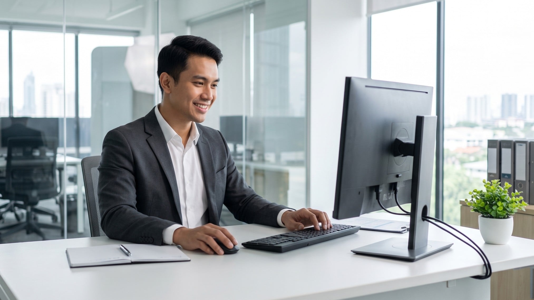 virtual financial auditor smiles while working on a computer at a white desk in a modern office