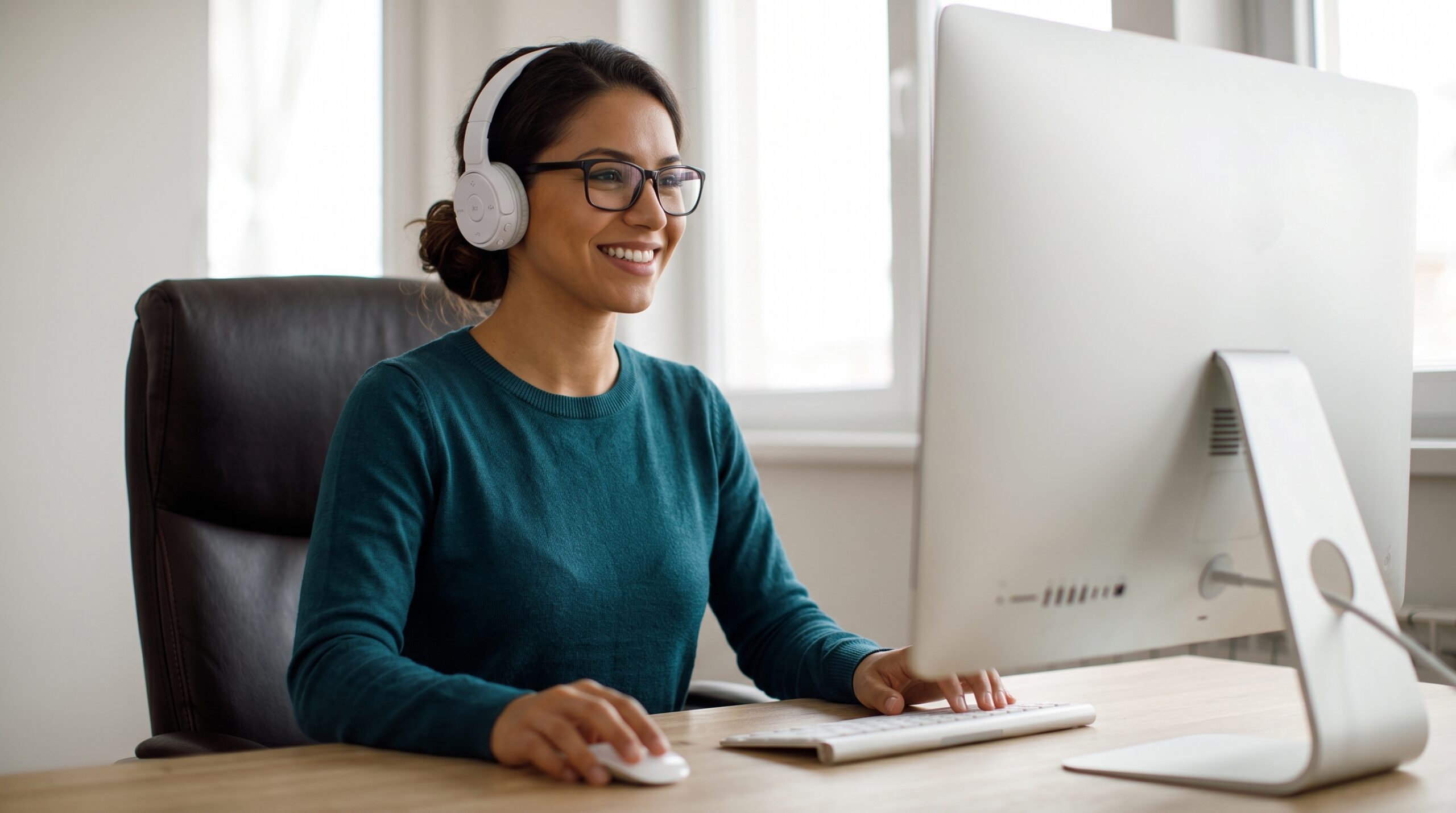 Expert multimedia specialist wearing headphones and working on desktop computer