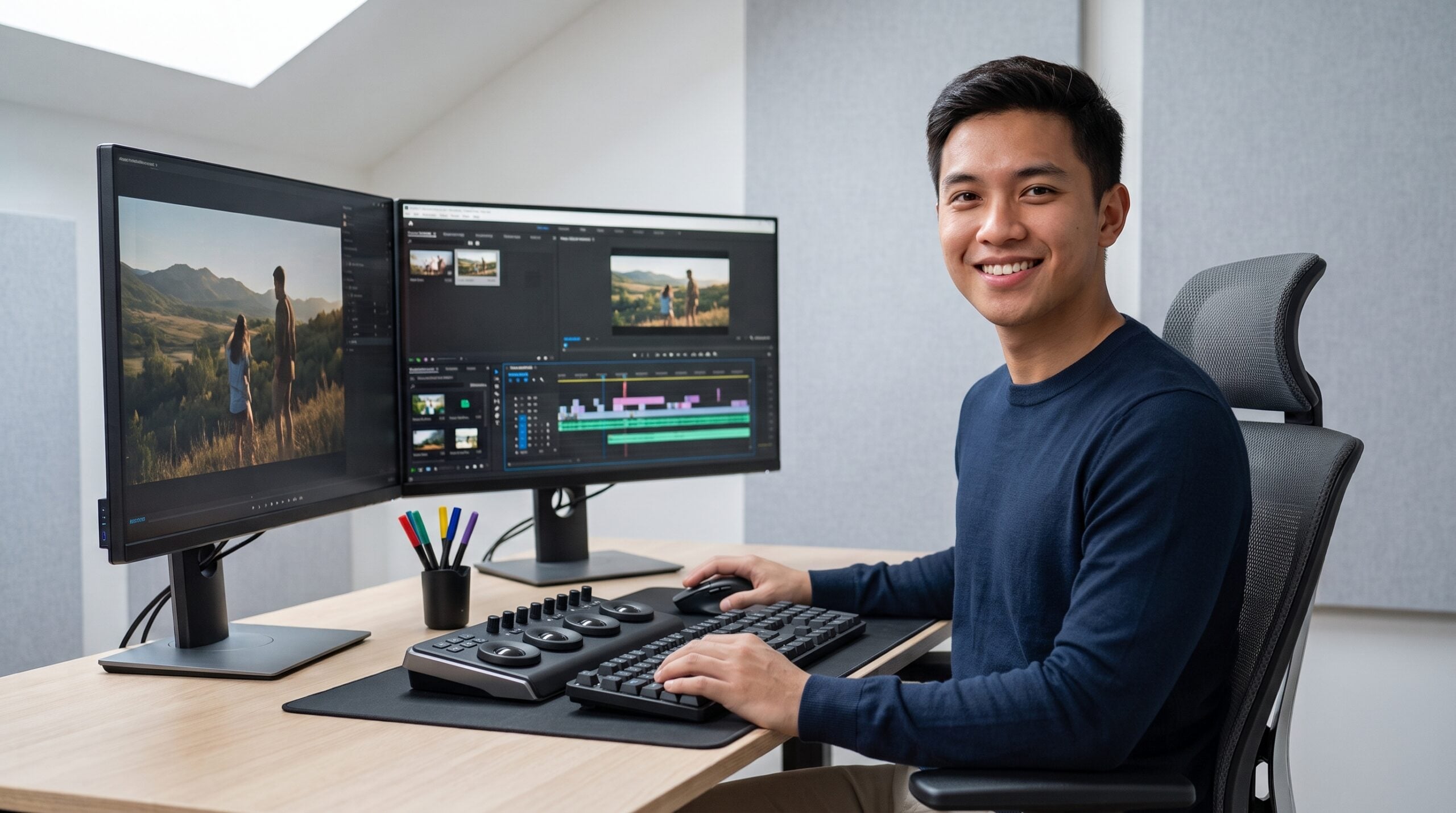 Offshore Multimedia Specialist smiling at desk with dual monitors and video editing panel