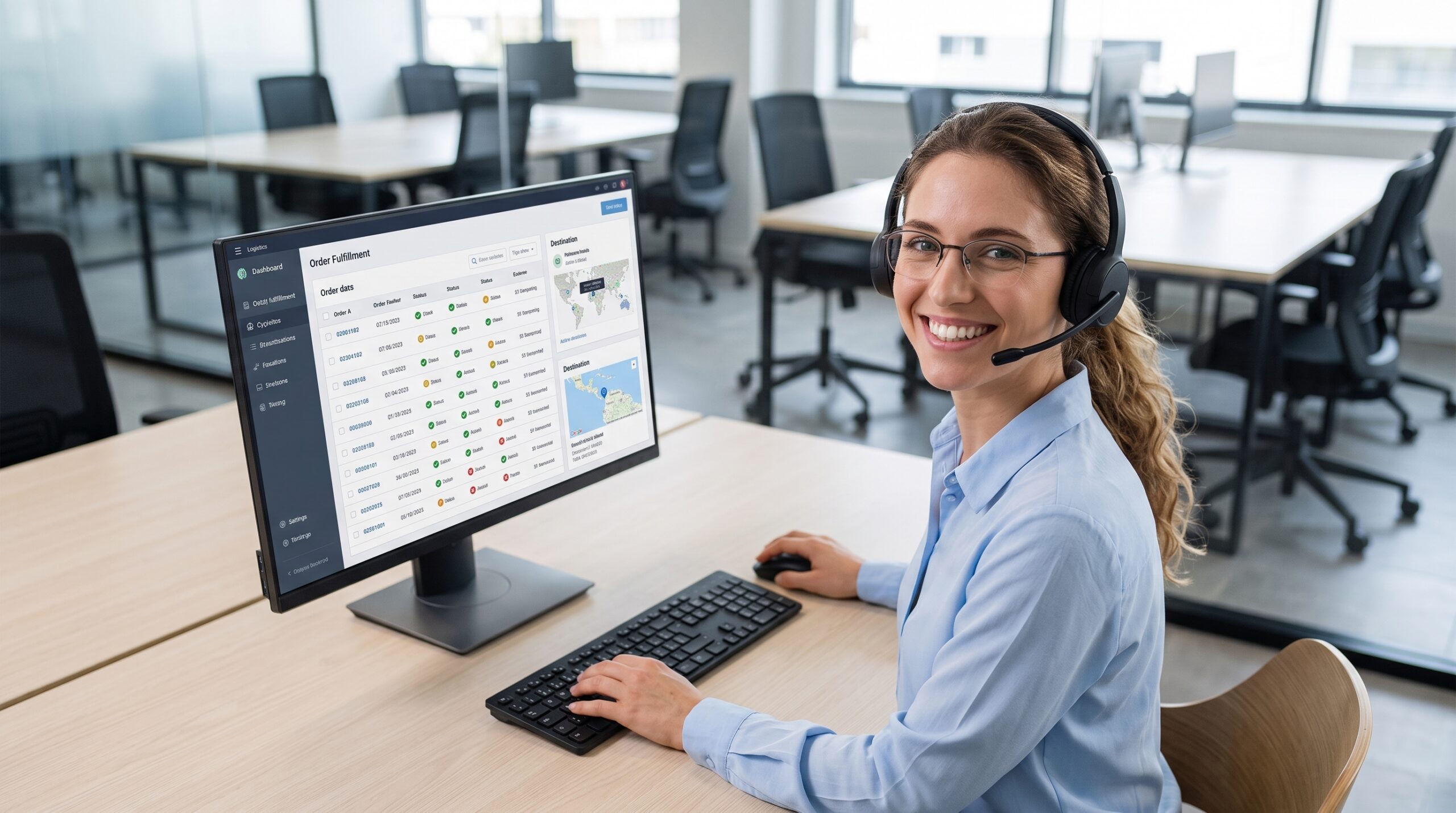 remote order fulfillment specialist in an office cubicle using a laptop and headset