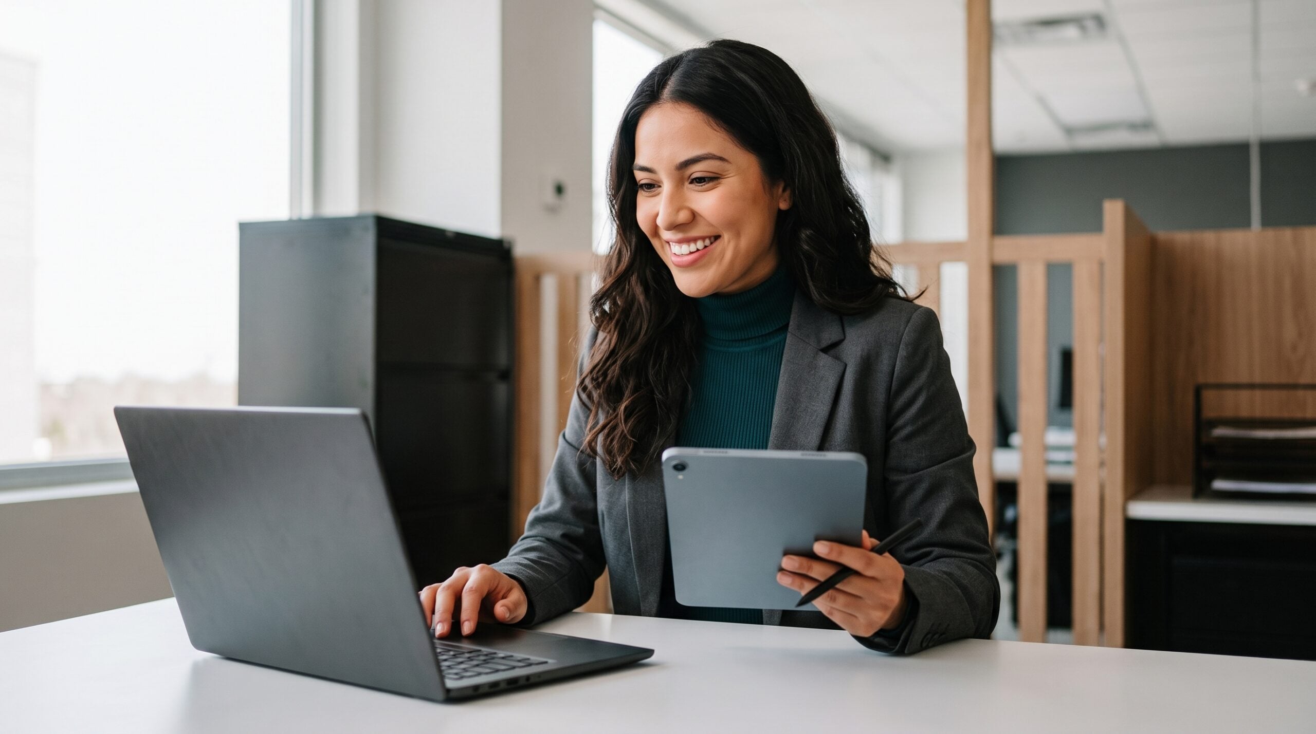 latina remote martech specialist holding a tablet and typing on a laptop, looking at the screen with a smile
