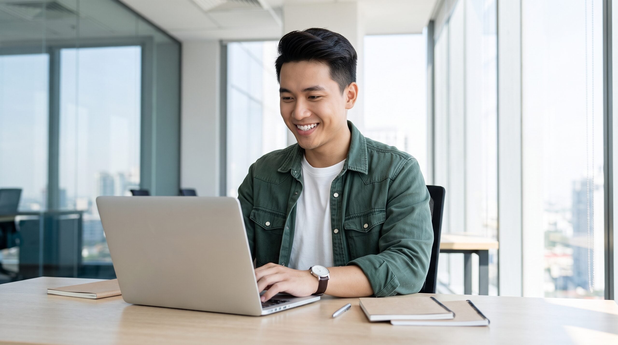 Outsourced network administrator works efficiently on a laptop in a window-filled office space