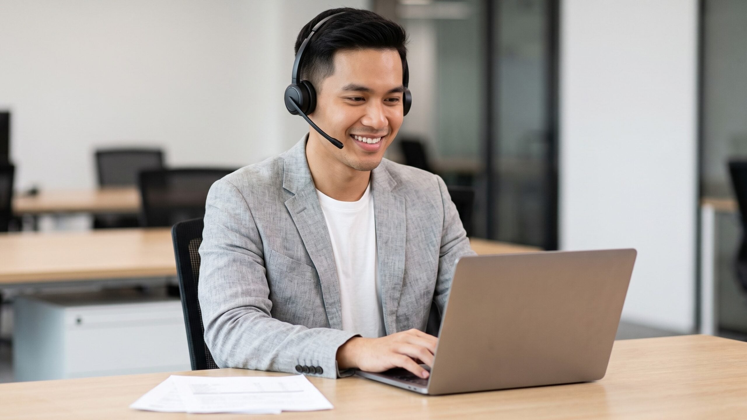 An offshore telecommunication specialist wearing a grey blazer, smiling while typing on his laptop at a wooden desk