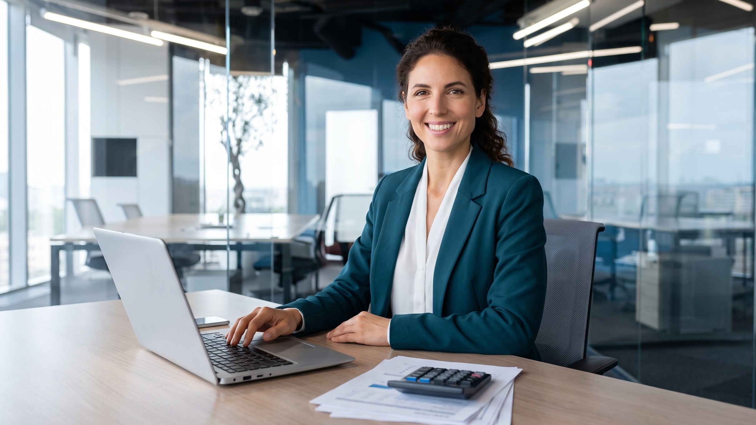 argentina woman in a teal blazer works on a laptop, representing a certified financial auditor at her desk