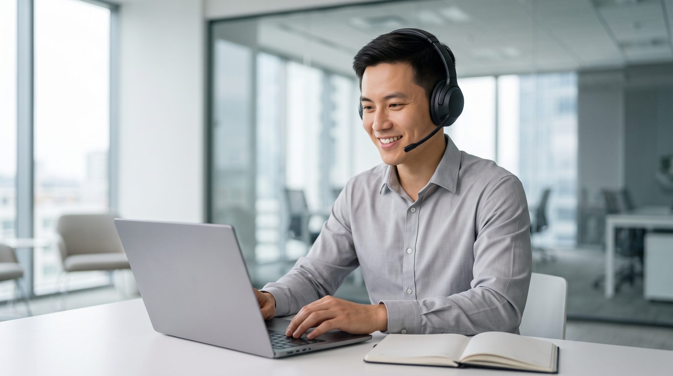 remote fulfillment specialist in a modern office, wearing a headset and smiling at a laptop