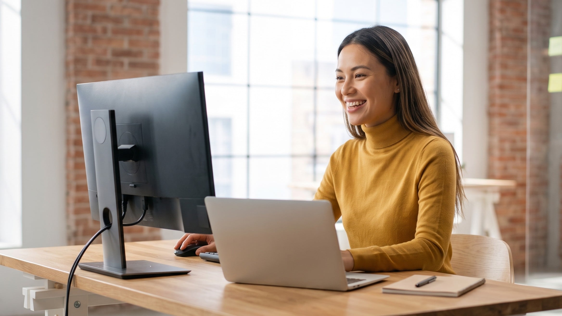 Multimedia expert smiling while working on desktop computer and laptop in bright office
