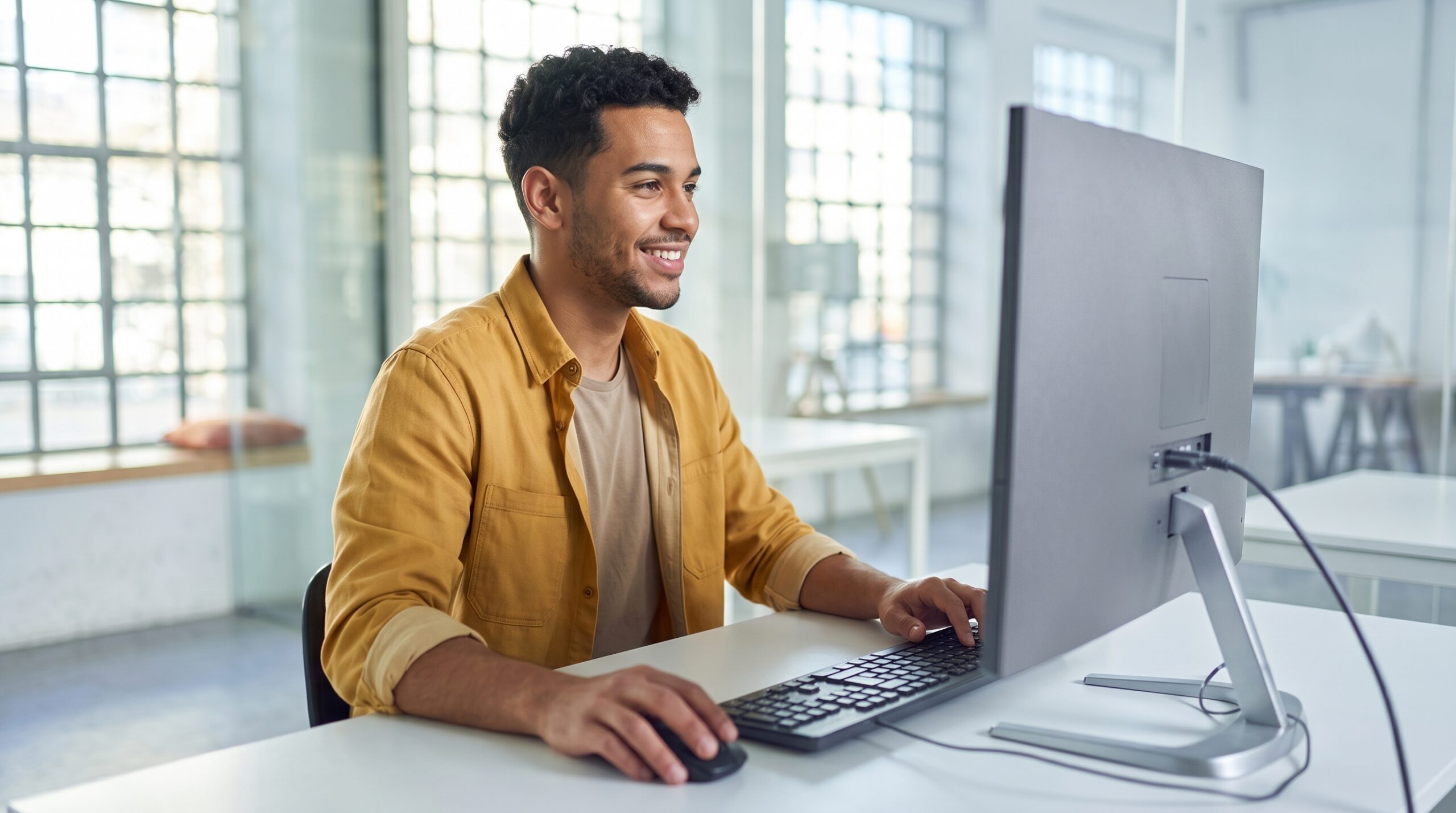 Remote network administrator in a yellow shirt confidently works from his computer station