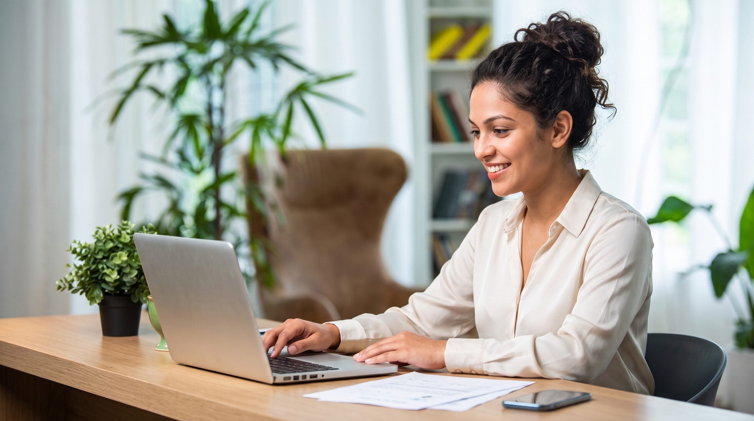 latina SuccessFactors administrator working on a laptop with documents and a smartphone on her desk