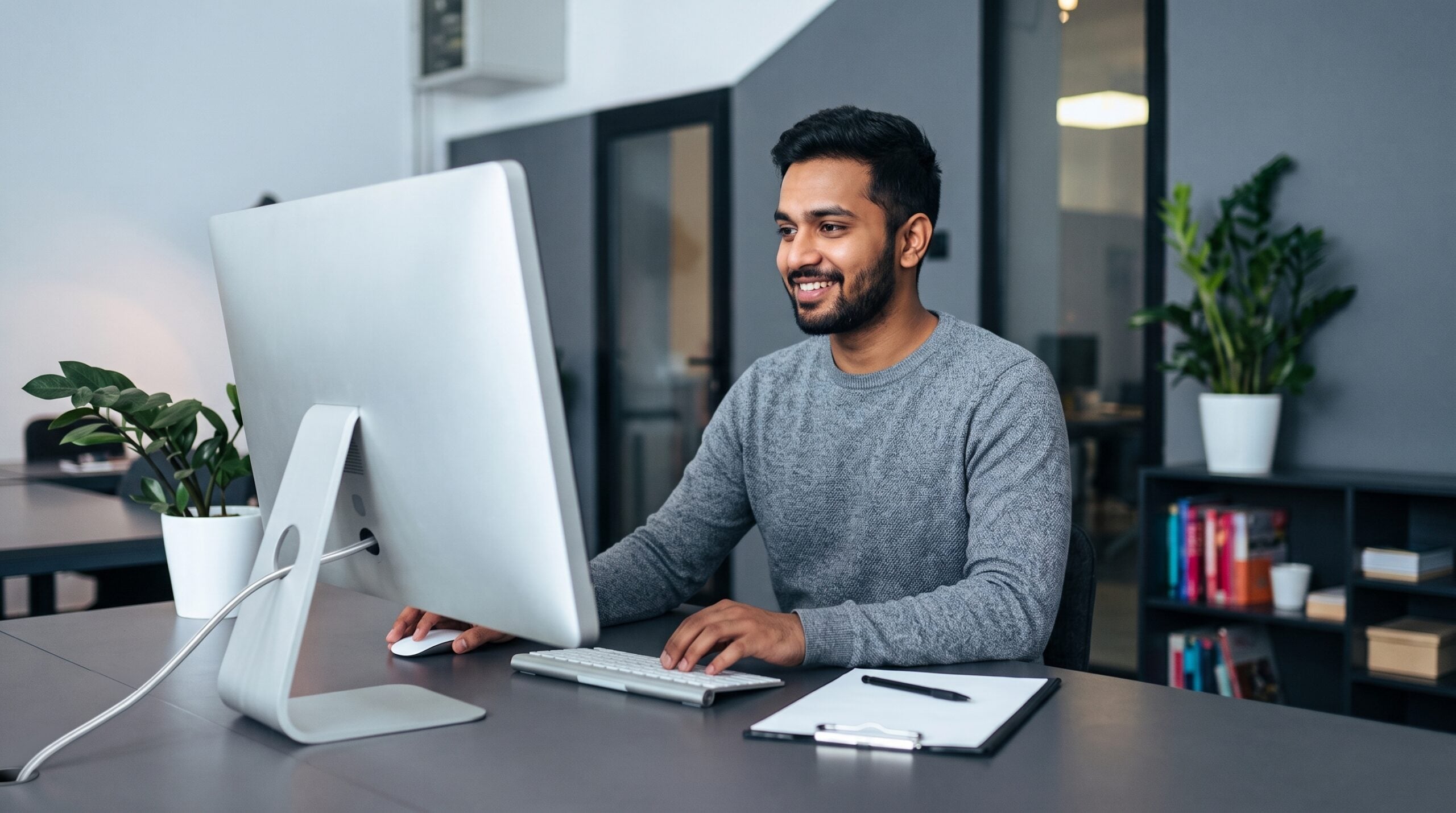 Professional man with beard utilizing SAP SuccessFactors administrator tools on his desktop computer