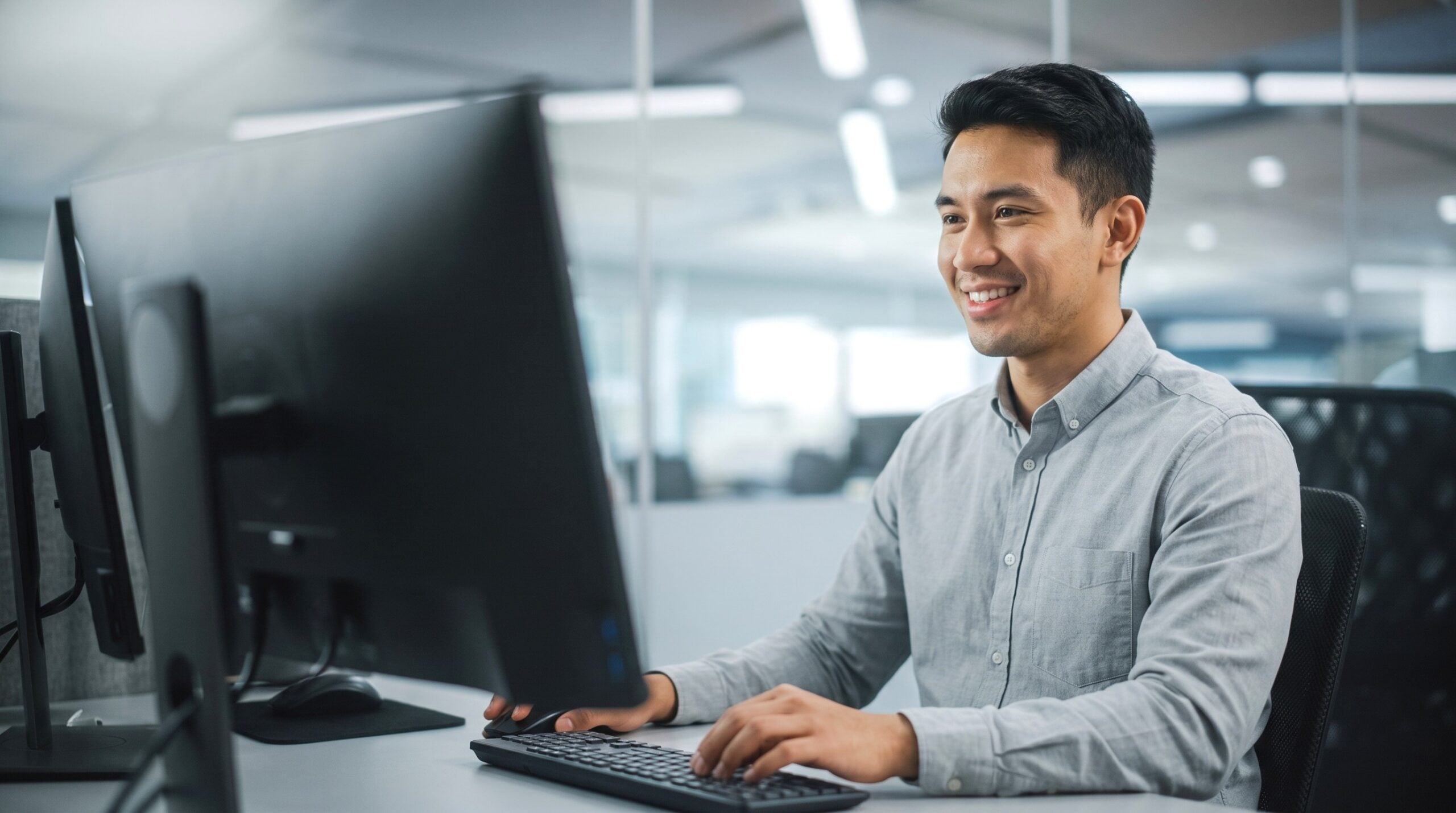 malaysian SAP SuccessFactors Administrator with button-down shirt smiling while working on desktop computer