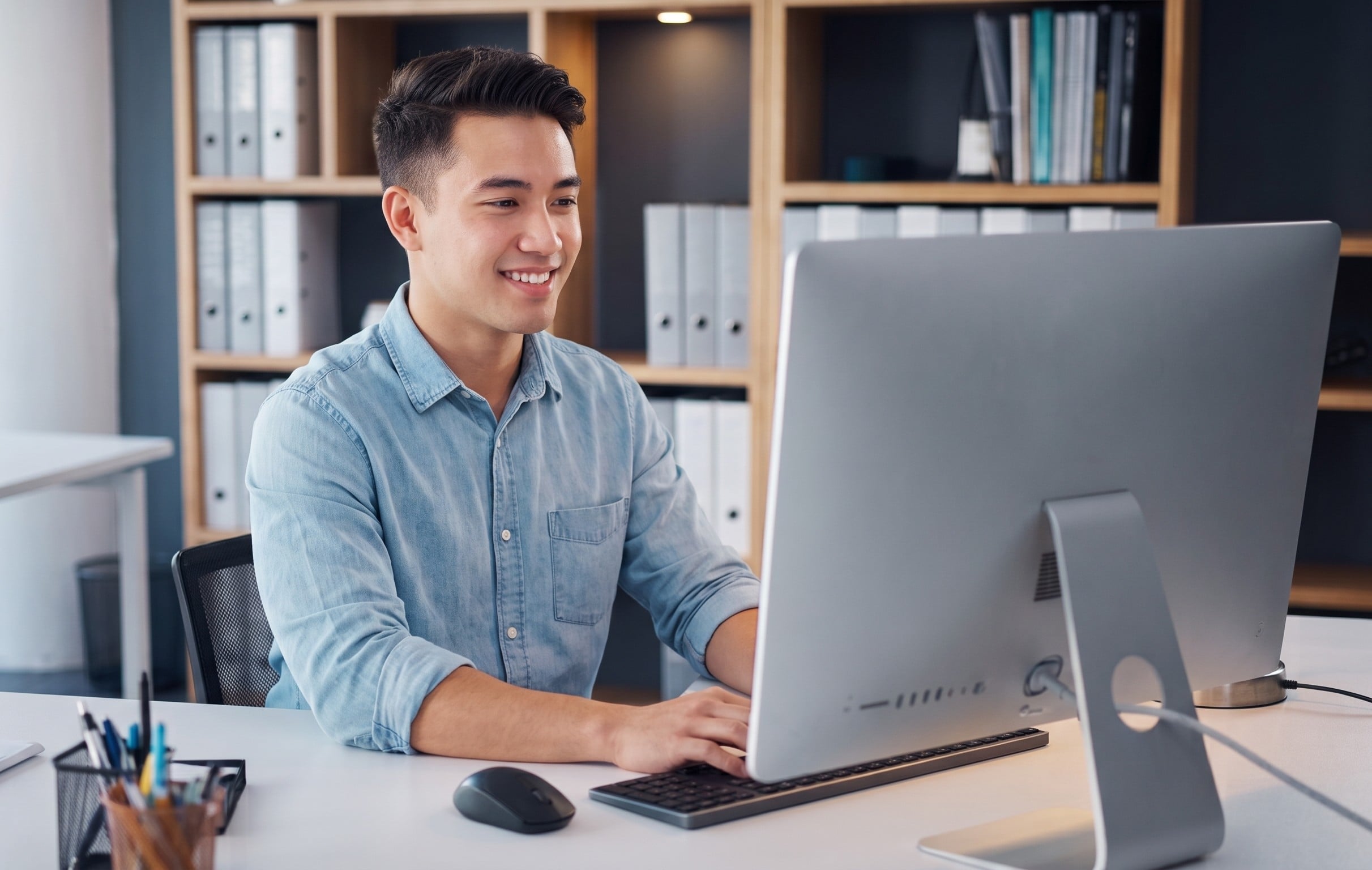 vietnamese at his desk computer while performing SuccessFactors admin roles for HR