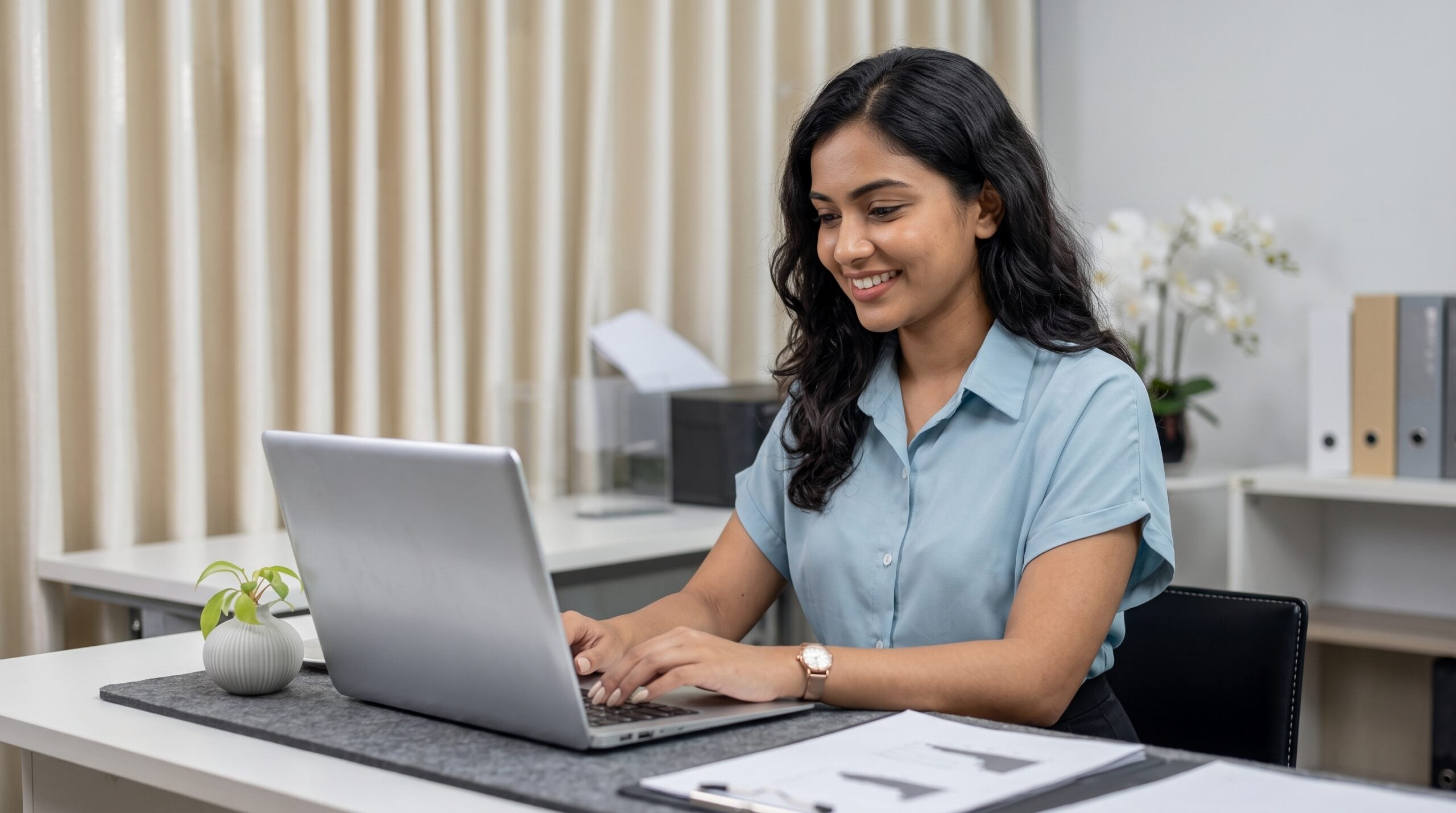 indian female student admissions officer with blue shirt smiling while typing on a laptop