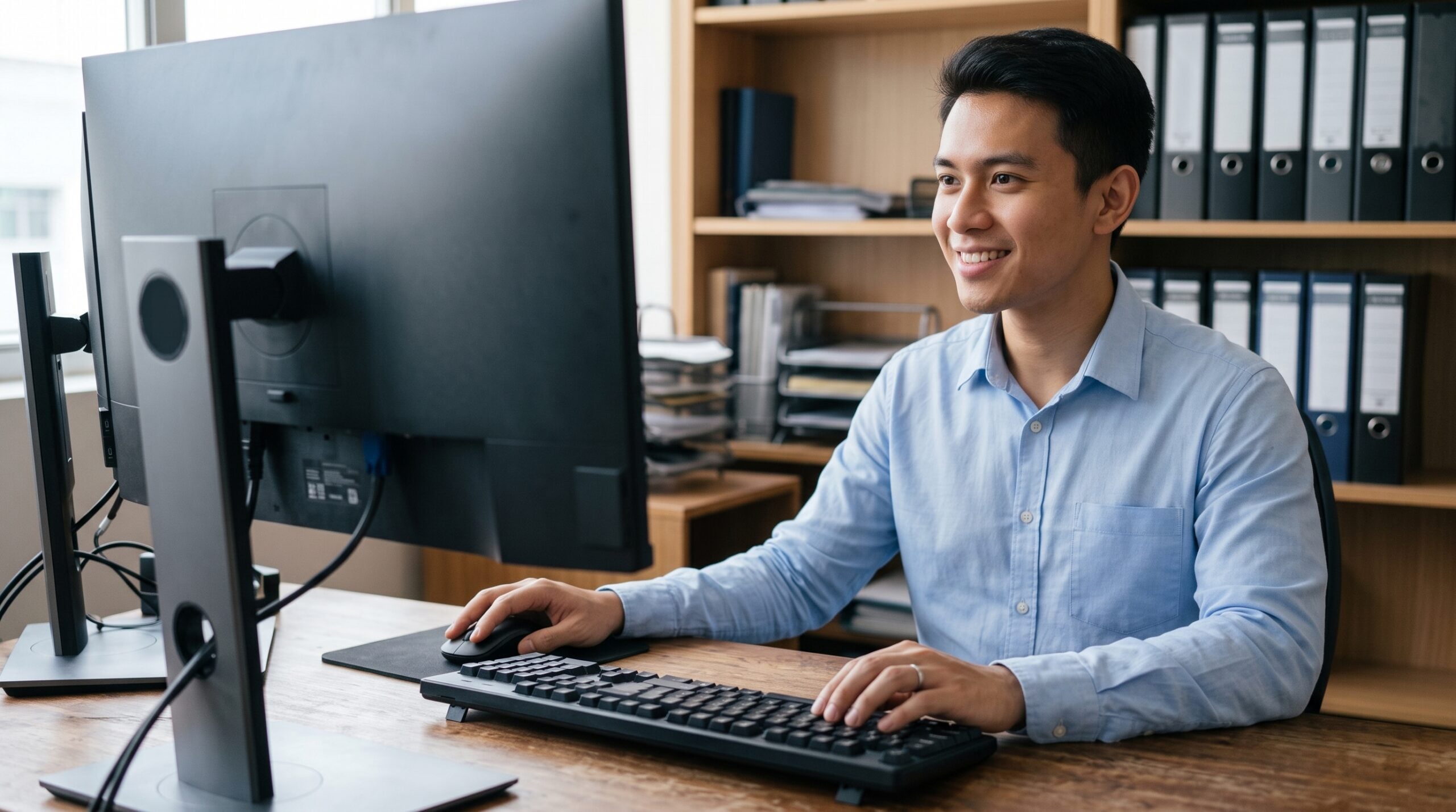 Male student admissions officer in Malaysia managing remote student enrolment at his desk computer