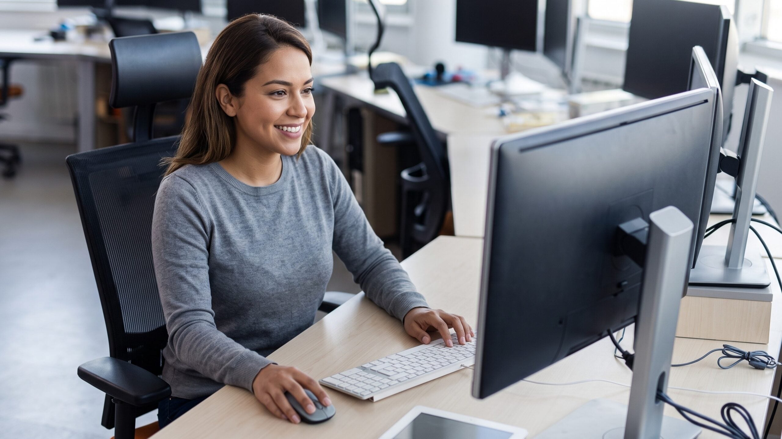 Latina virtual systems engineer managing IT infrastructure from a multi-monitor computer setup