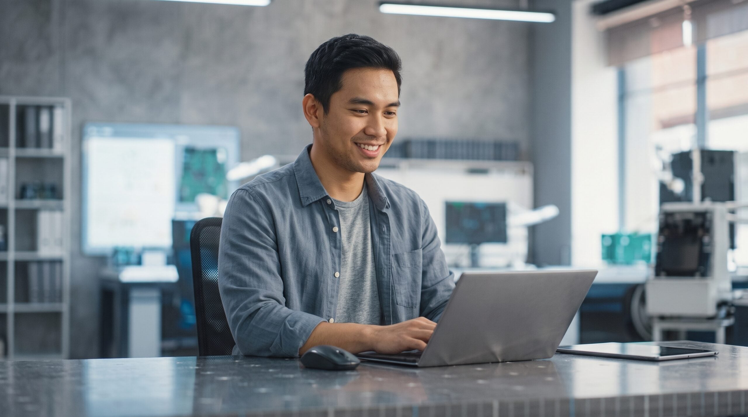 Male outsourced systems engineer in Malaysia working on a laptop at his workstation