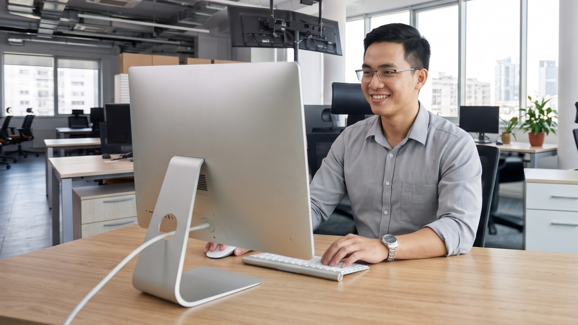Male systems engineer remote in Vietnam typing on an desktop computer setup at a modern office desk
