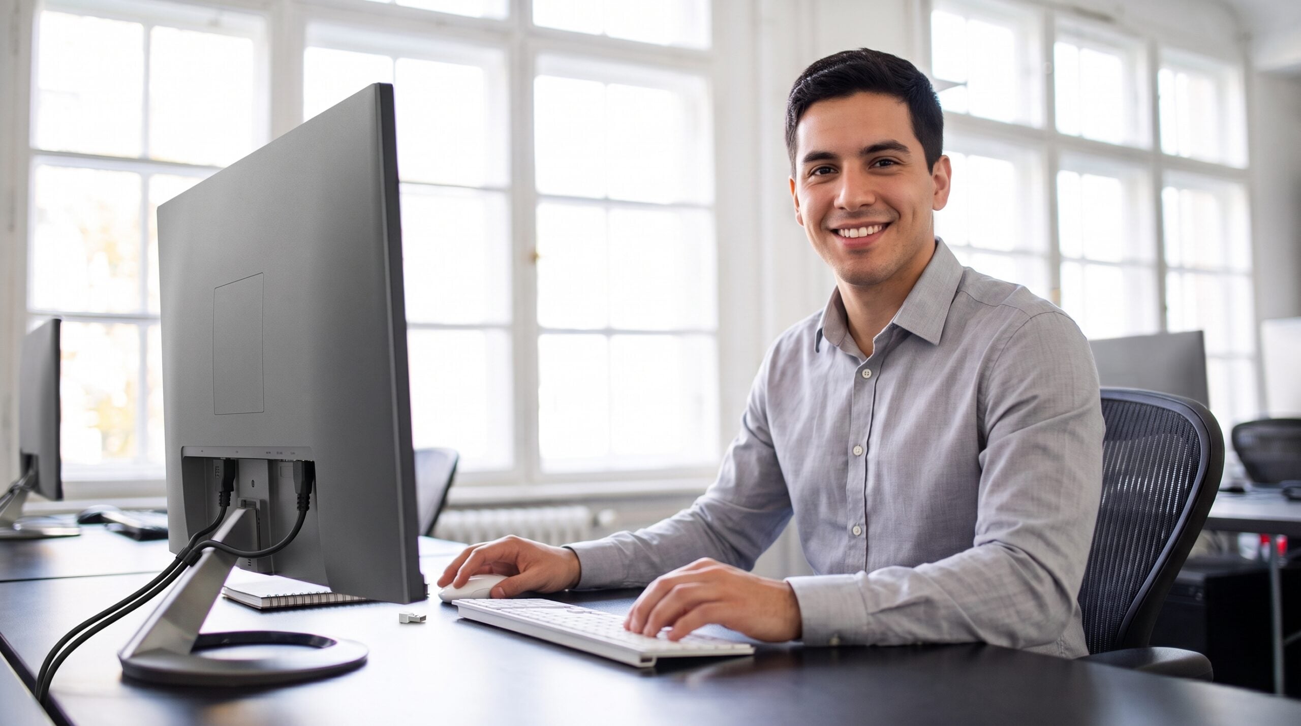 Network administrator remote working on a computer in a bright, modern office
