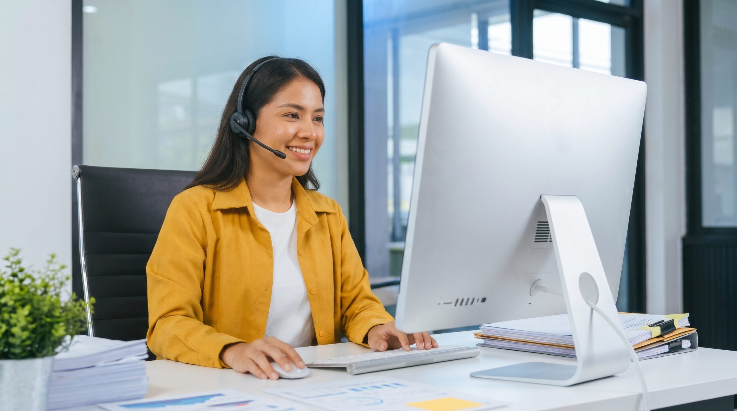 Latina client delivery manager wearing a headset while managing account operations at her desk