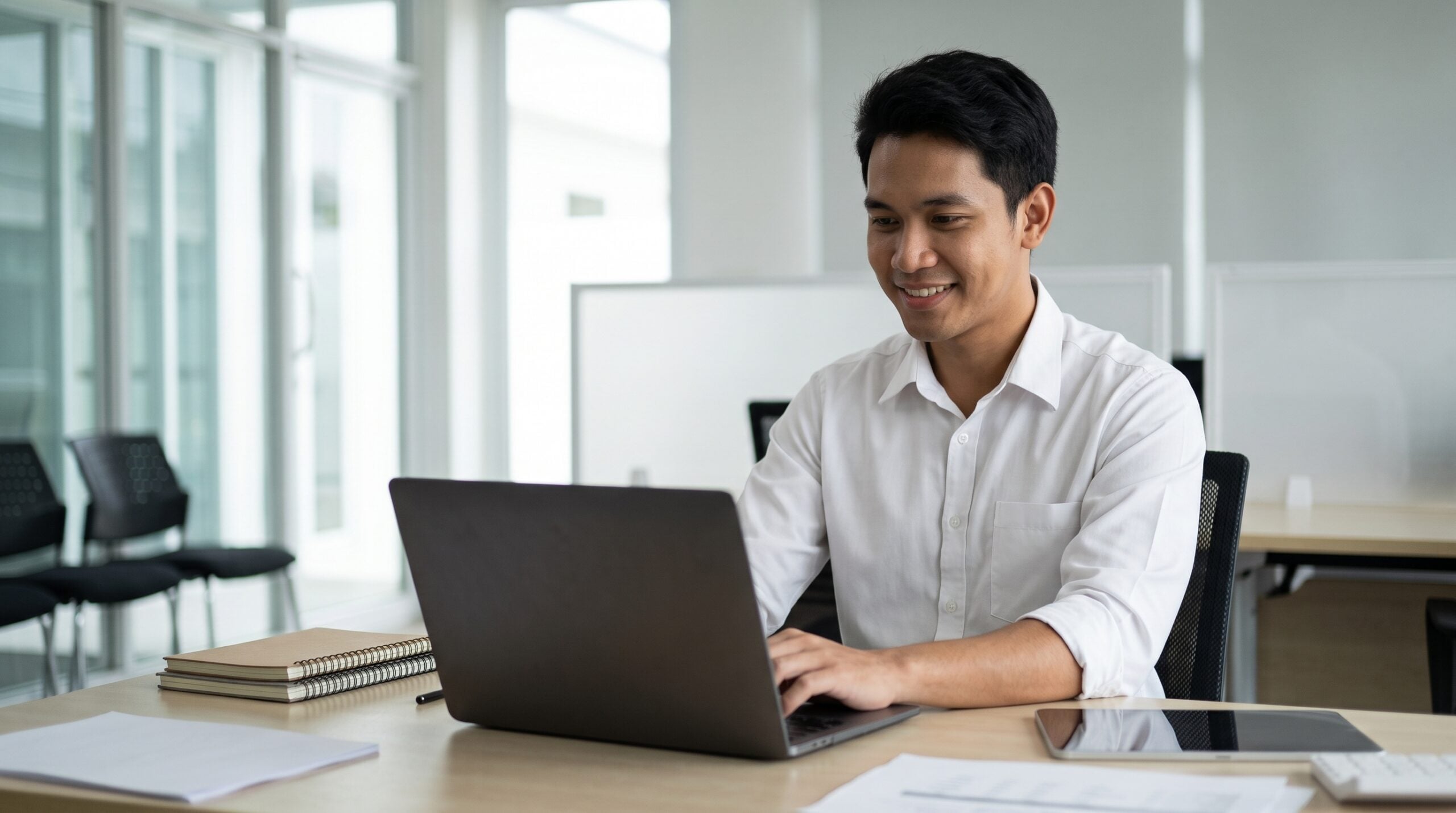 implementation manager remote working on his laptop with a smile at a white office desk