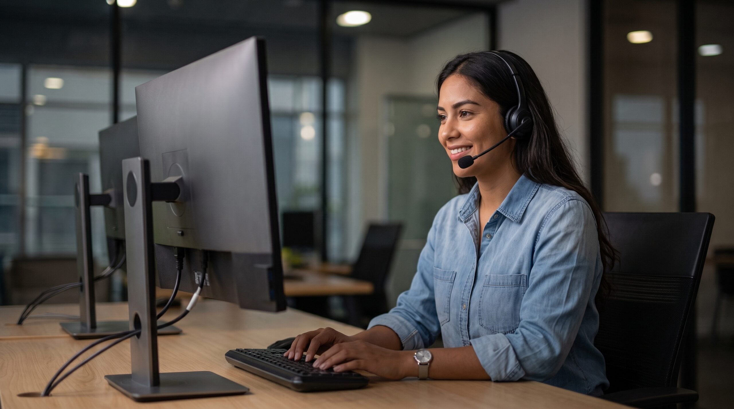 An offshore IT support engineer smiling while typing on a keyboard at a desk, looking at an office monitor
