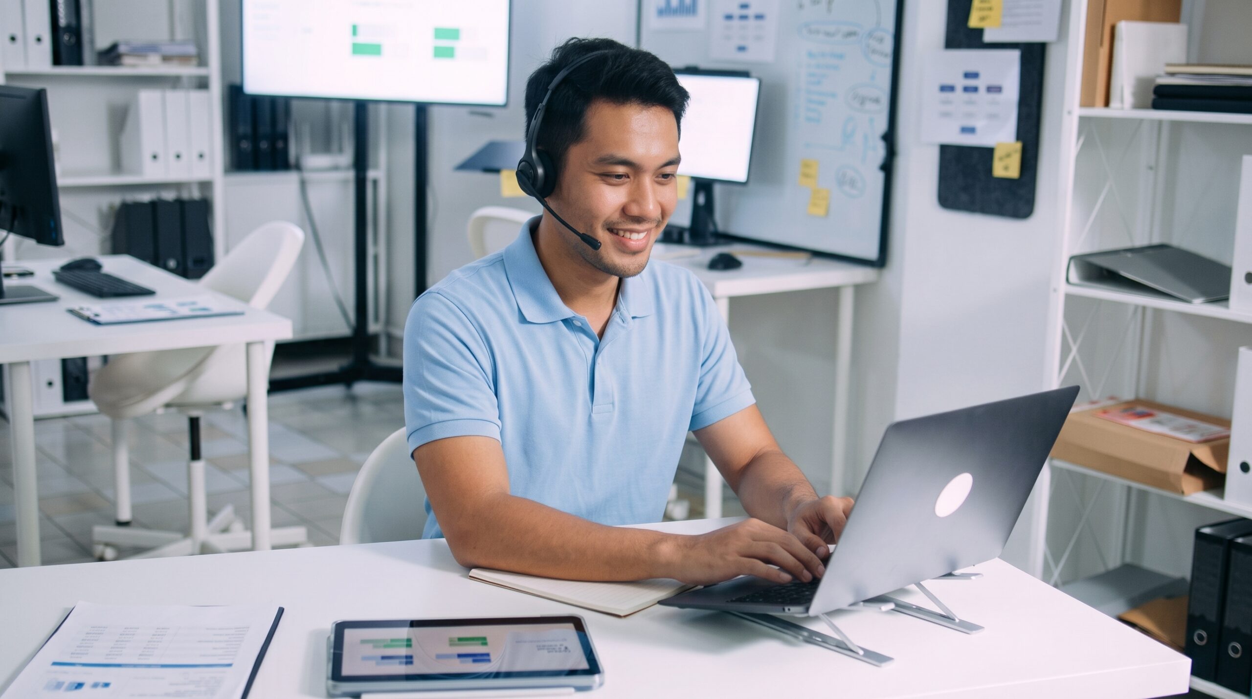 A remote IT support engineer smiling and typing on a laptop at a desk with an office setup behind him