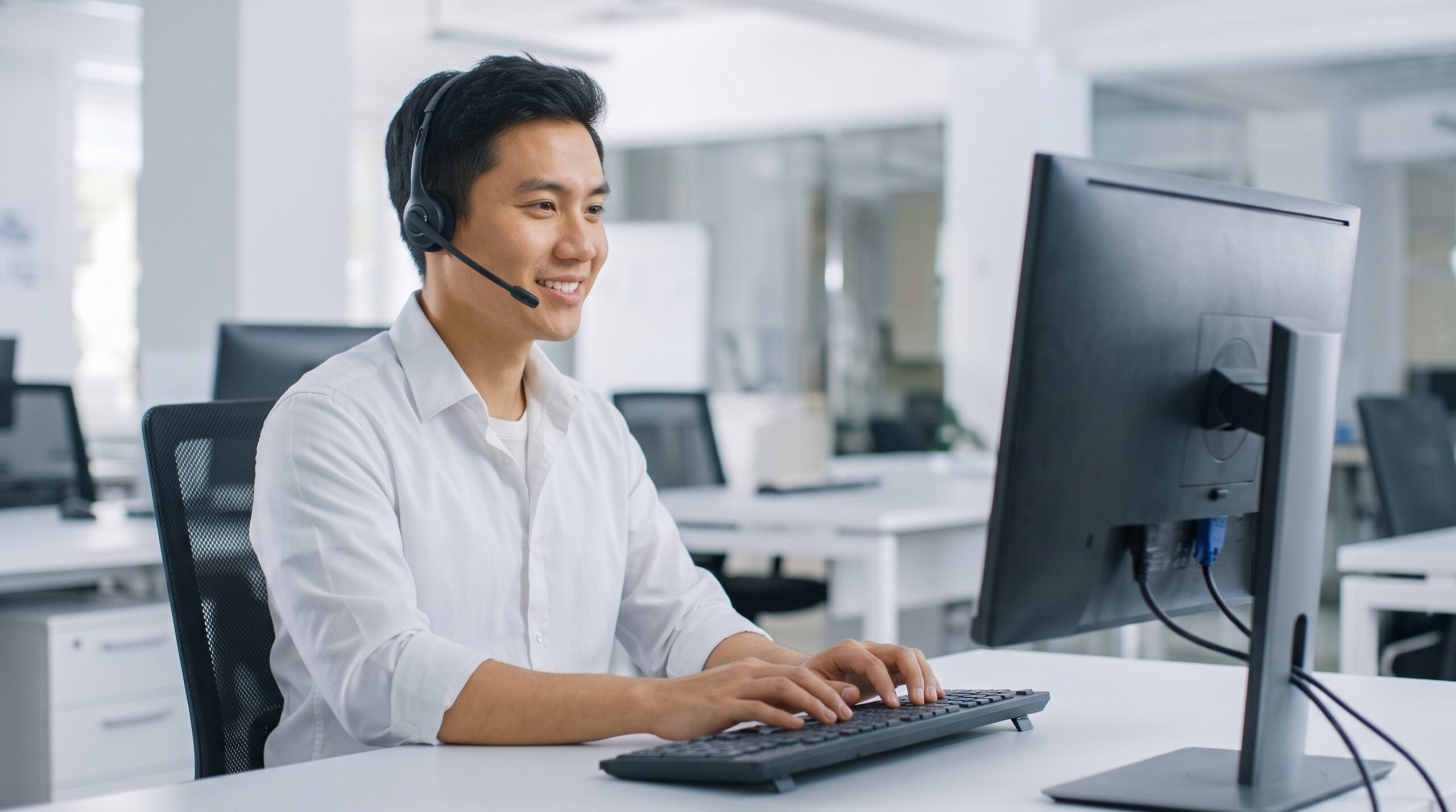 An IT support engineer remote working while typing on a keyboard and looking at a computer screen in an office