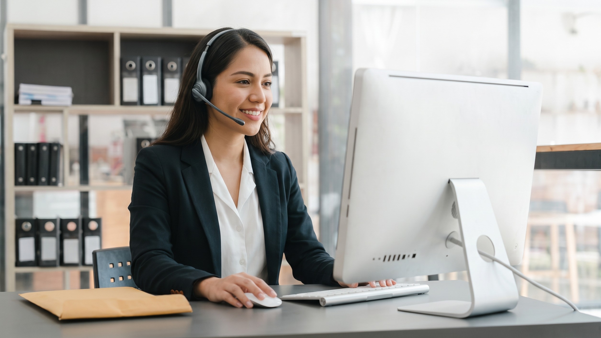 Remote onboarding account manager working at a desk with a desktop computer and headset
