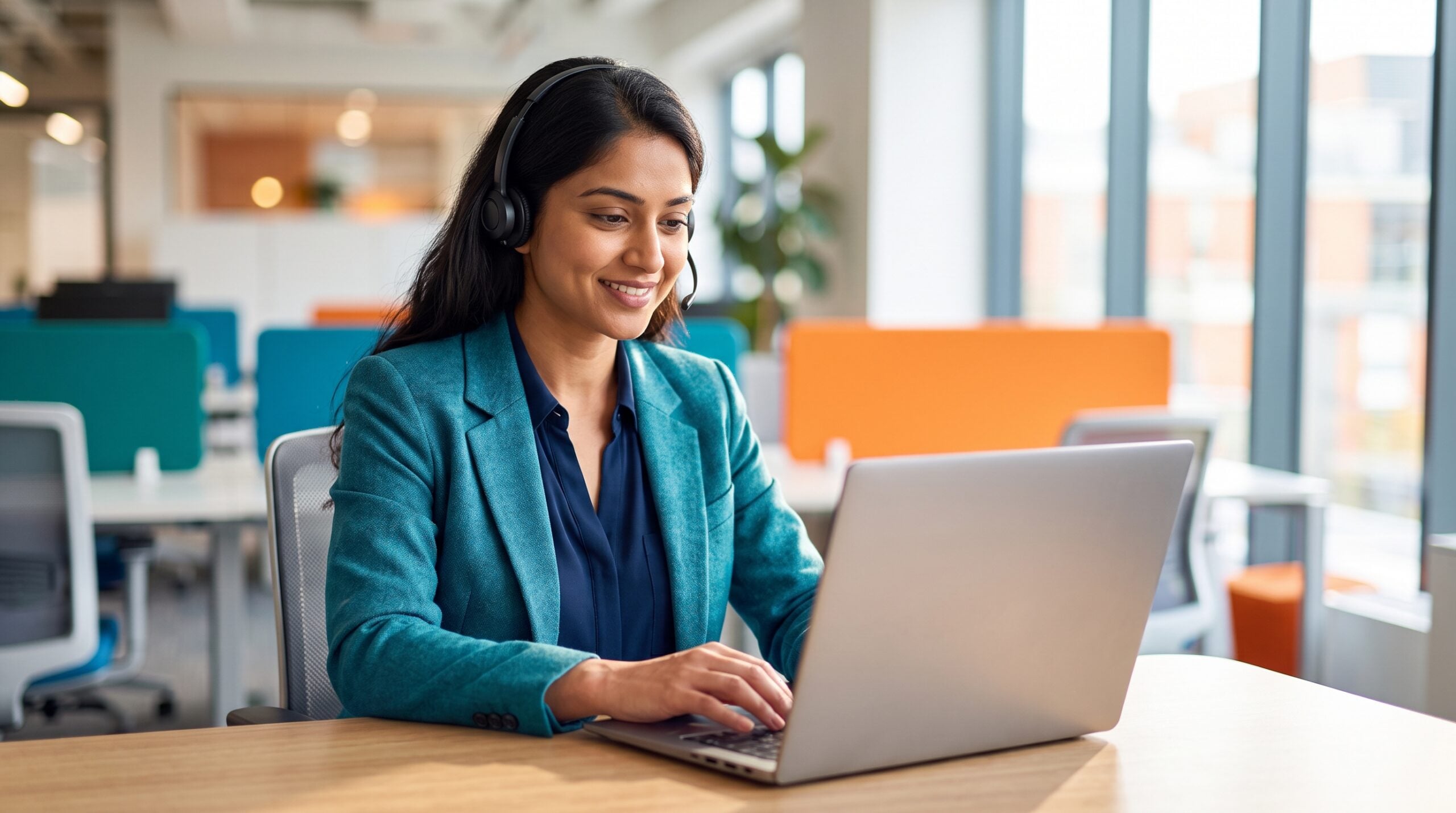 Onboarding account manager providing remote support on a laptop in an open office space