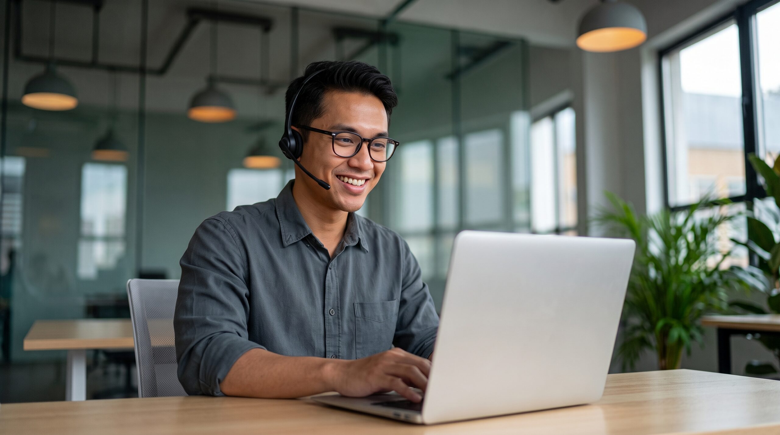 Onboarding account manager collaborating remotely using a laptop and wireless headset