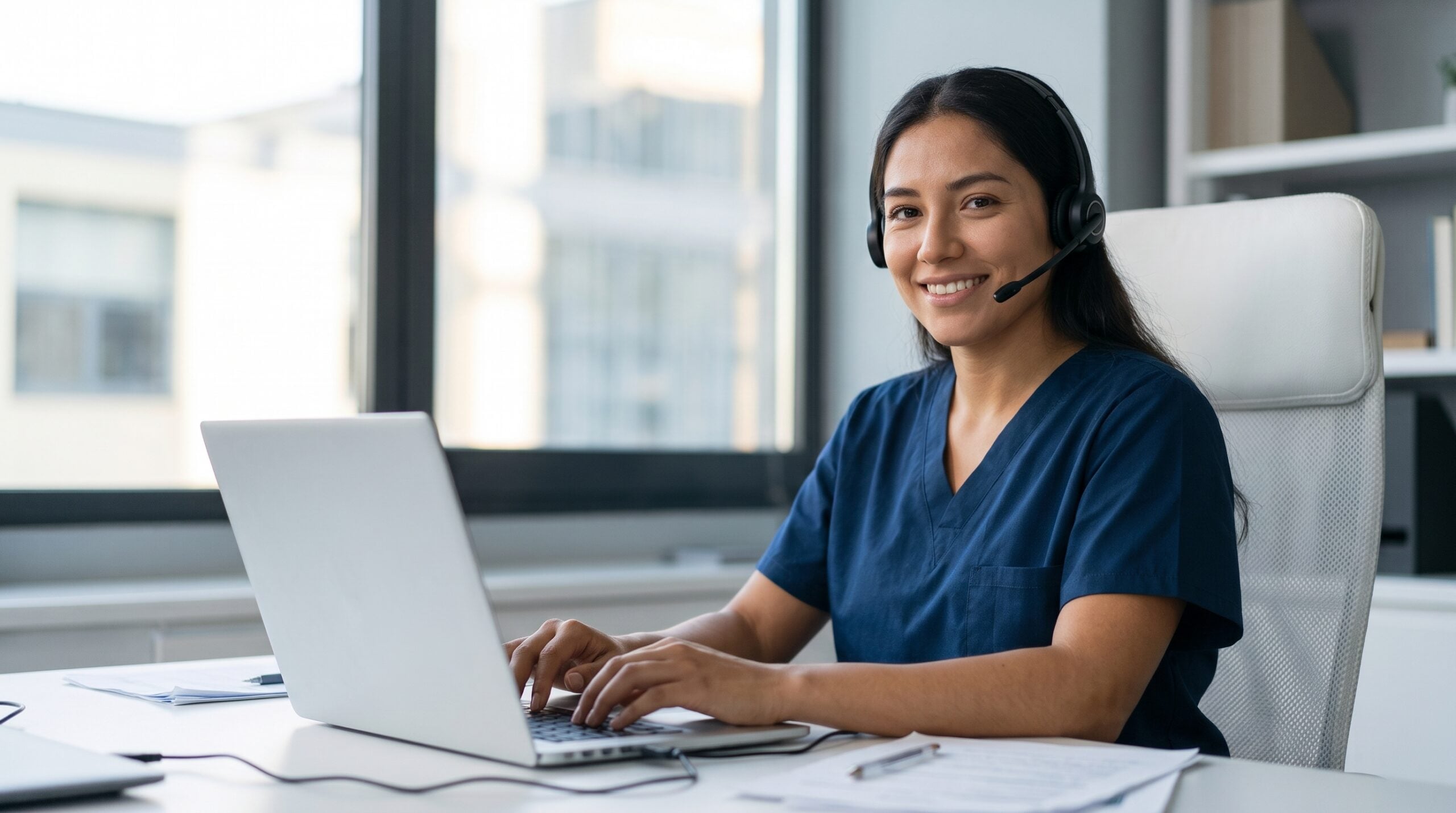Latina remote clinical care coordinator wearing a headset while typing on a laptop at her desk