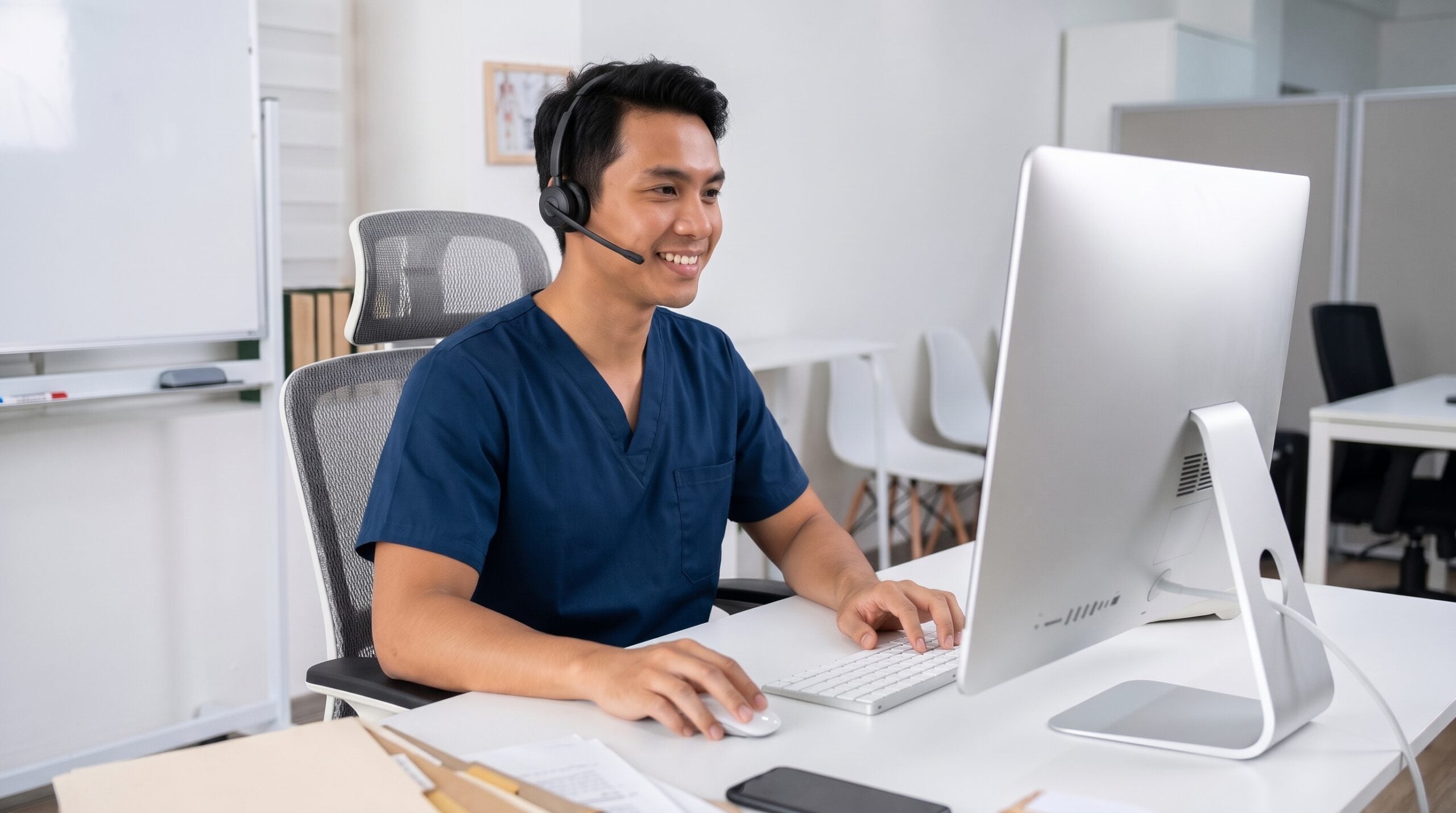 Indian clinical care coordinator remote professional assisting patients via headset while working