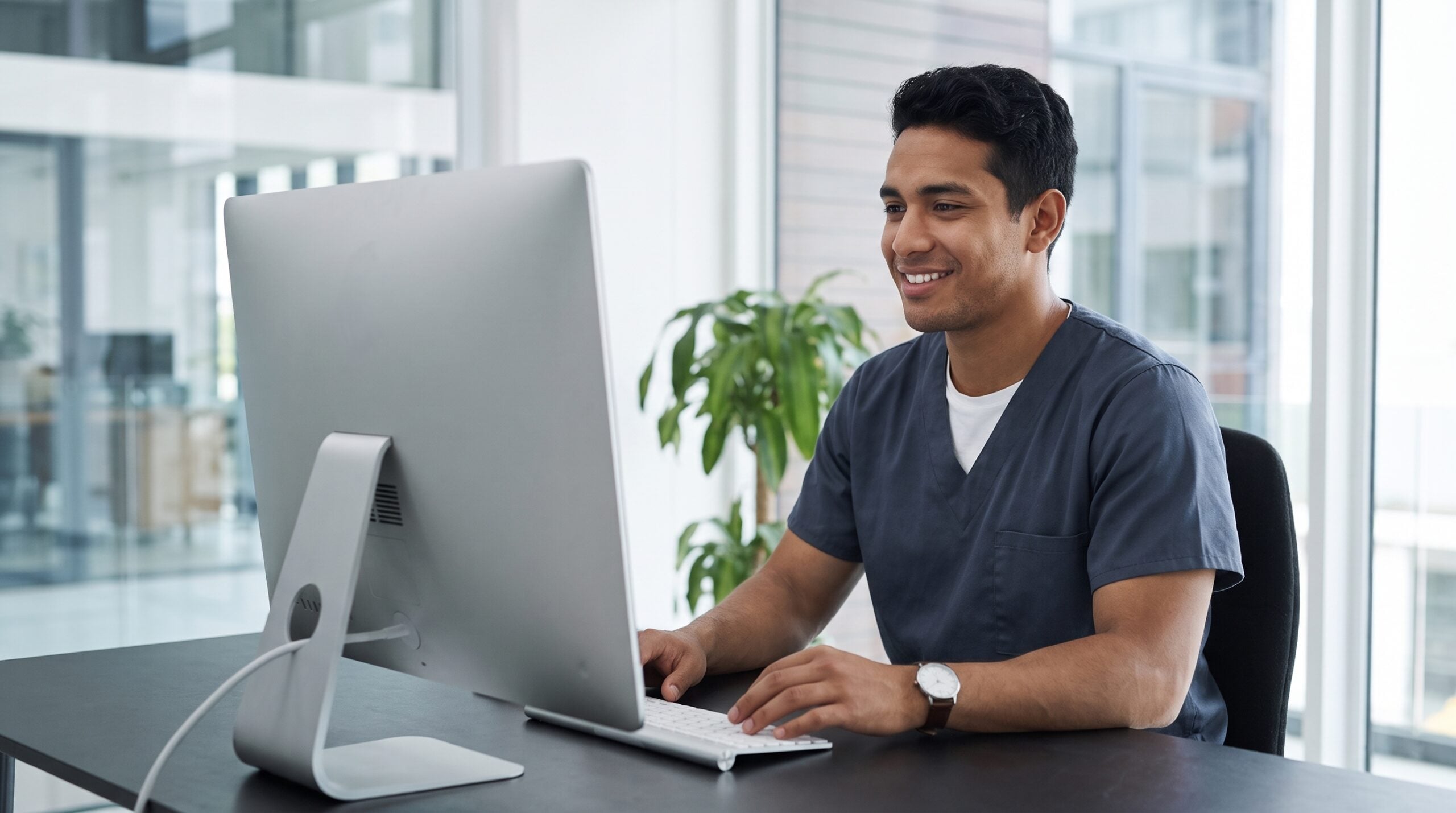 An outsourced prior authorization nurse in scrubs typing on a desktop keyboard at his workstation