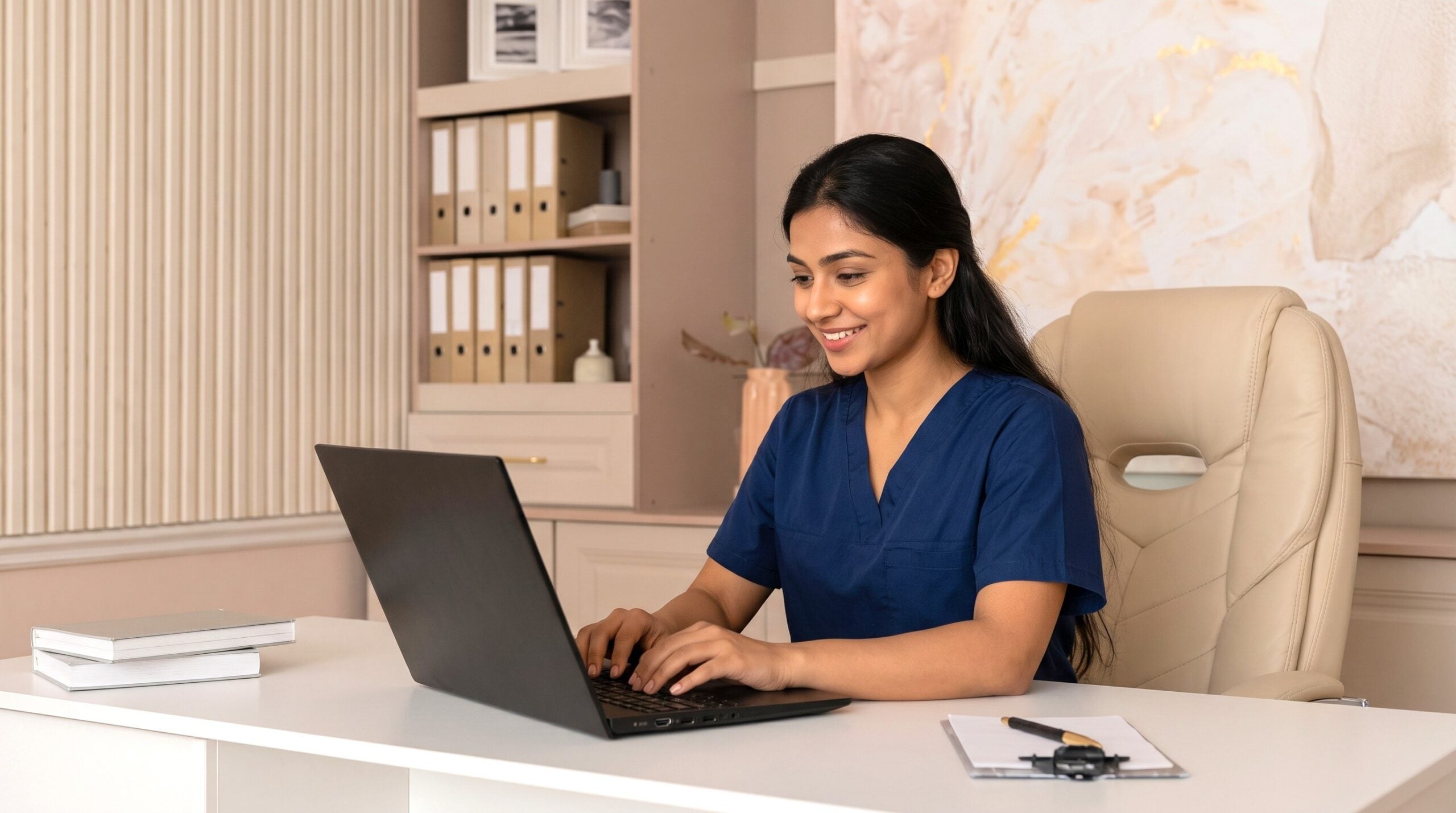 remote prior authorization nurse smiling while typing on her laptop at an office desk