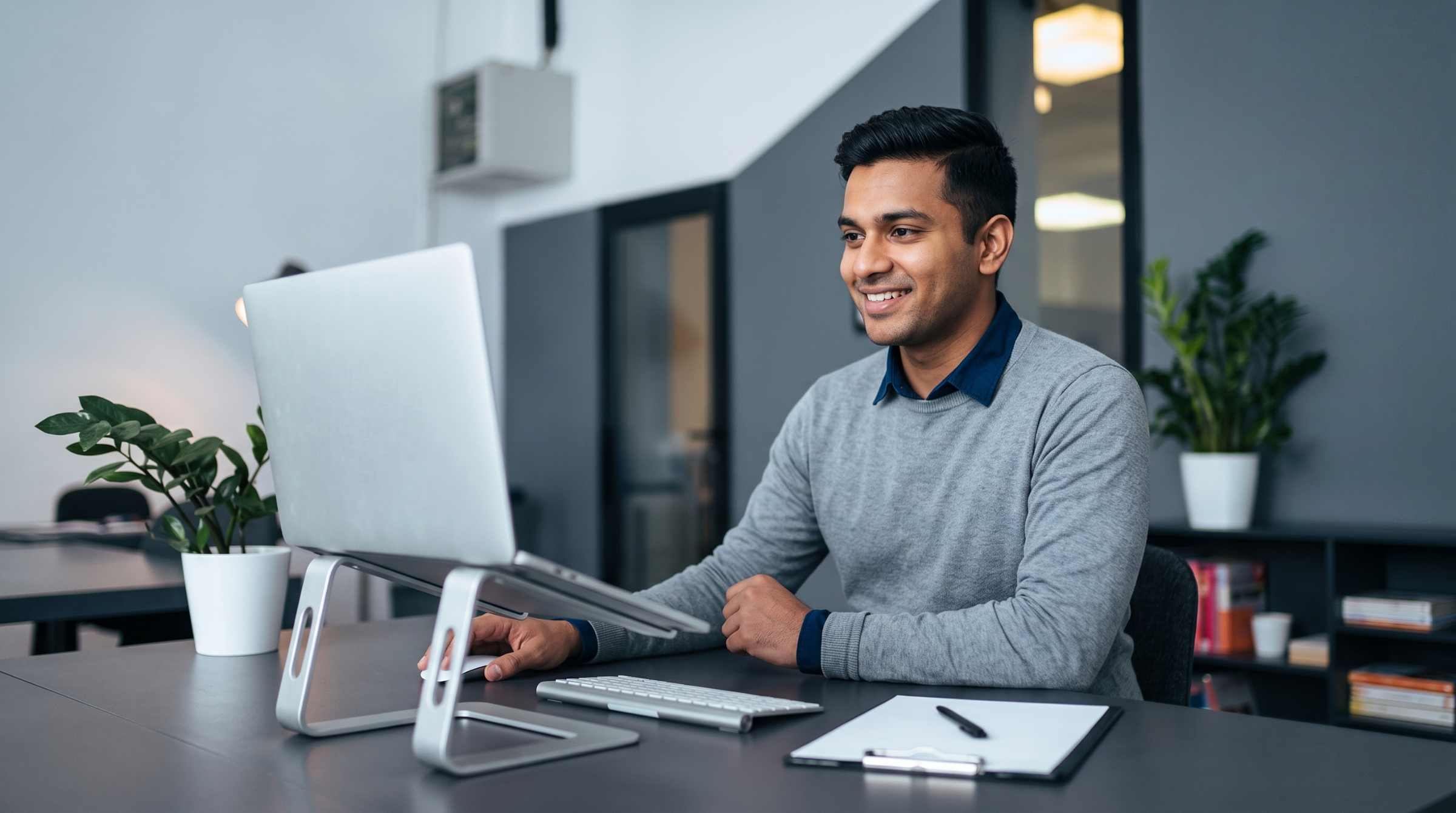 remote solutions engineer smiling while working on a laptop mounted on a stand at an office desk