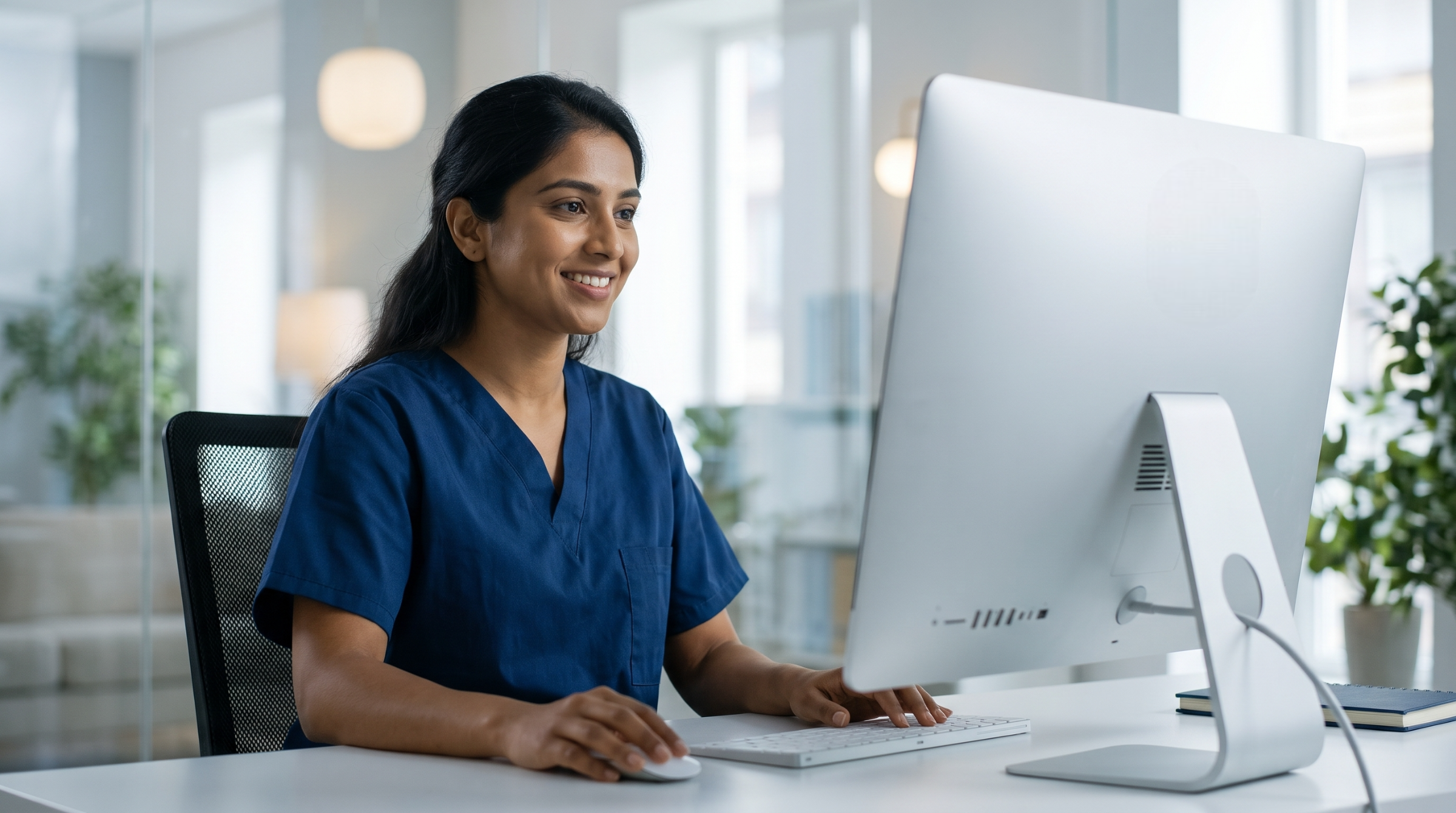 professional managing clinical utilization management outsourcing workflows on an iMac desktop computer
