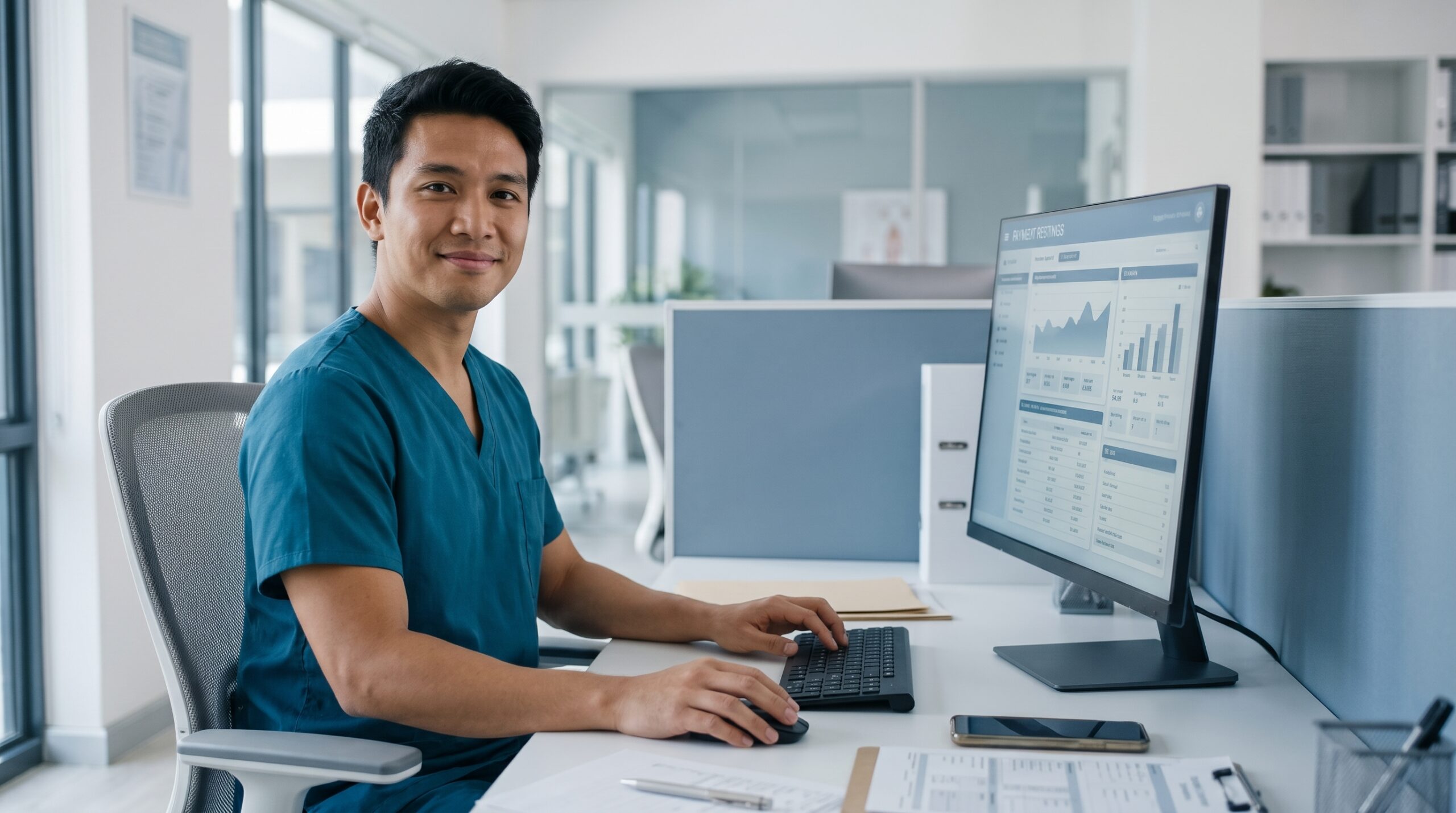 A remote utilization management nurse smiling at his desk while analyzing clinical metrics on a computer monitor