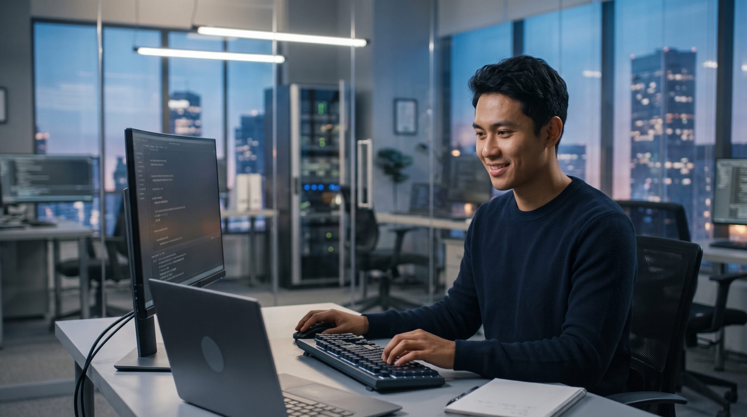 remote solutions engineer smiling while working on a laptop at a desk with server racks in the background