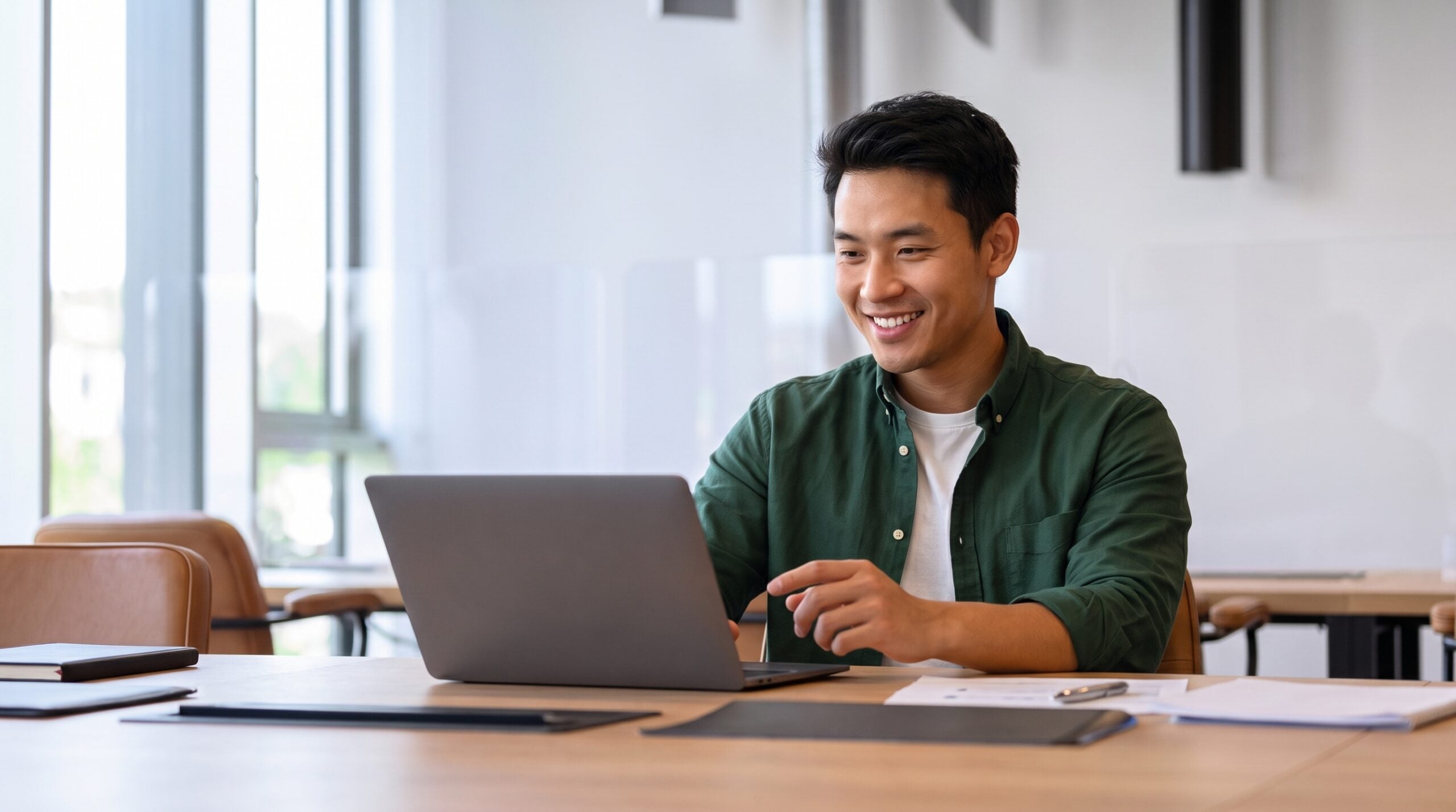 solutions engineer remote working and smiling while looking at a laptop at a desk in an office