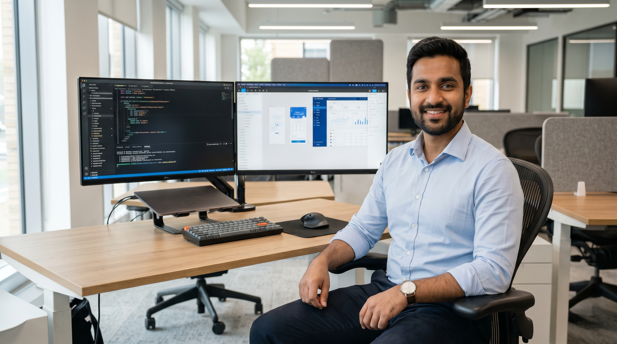 indian web developer in a office showing the web development on the background